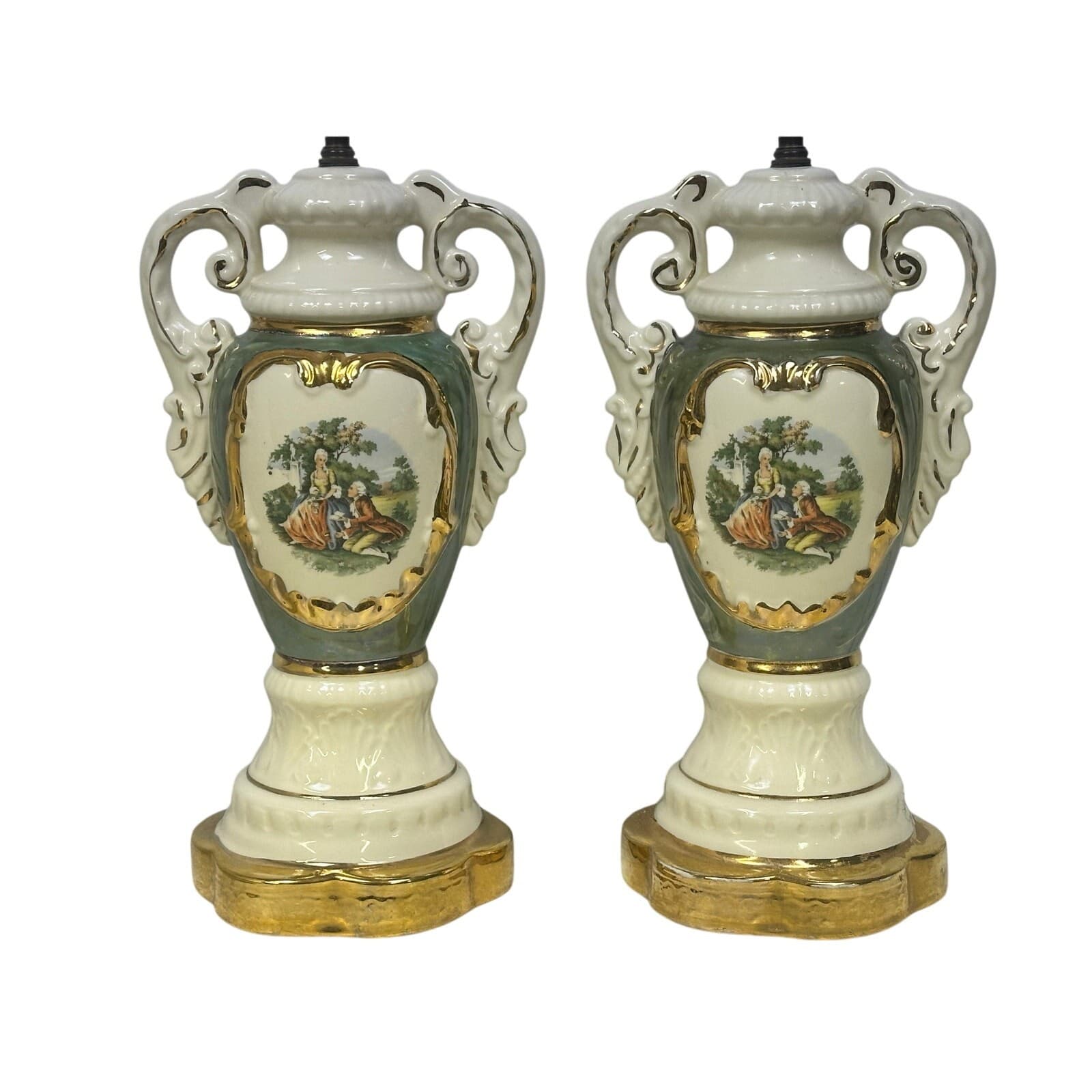 Pair of Vintage Mid-Century Victorian Style “Courting Couple” Ceramic Lamps - Thumbnail 9