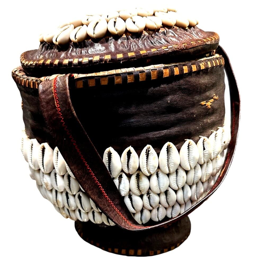 Antique African Tribal Art Hausa Cowrie Shell Hand Basket 8" Leather Handle Trim - Thumbnail 8
