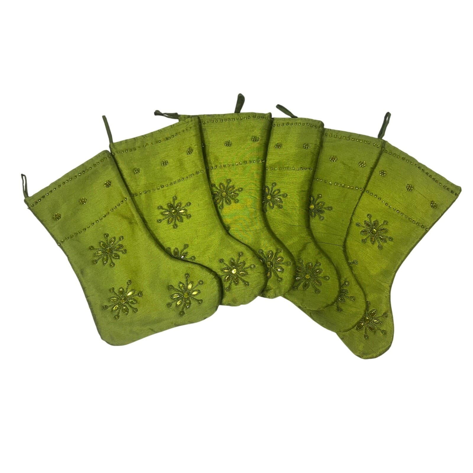 Lot of 6 Green Bejeweled 17" Christmas Stockings
