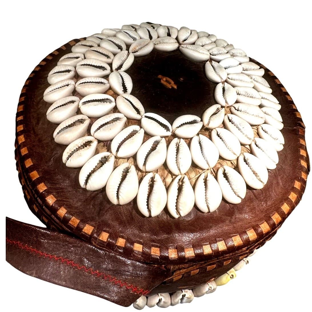 Antique African Tribal Art Hausa Cowrie Shell Hand Basket 8" Leather Handle Trim - Thumbnail 3