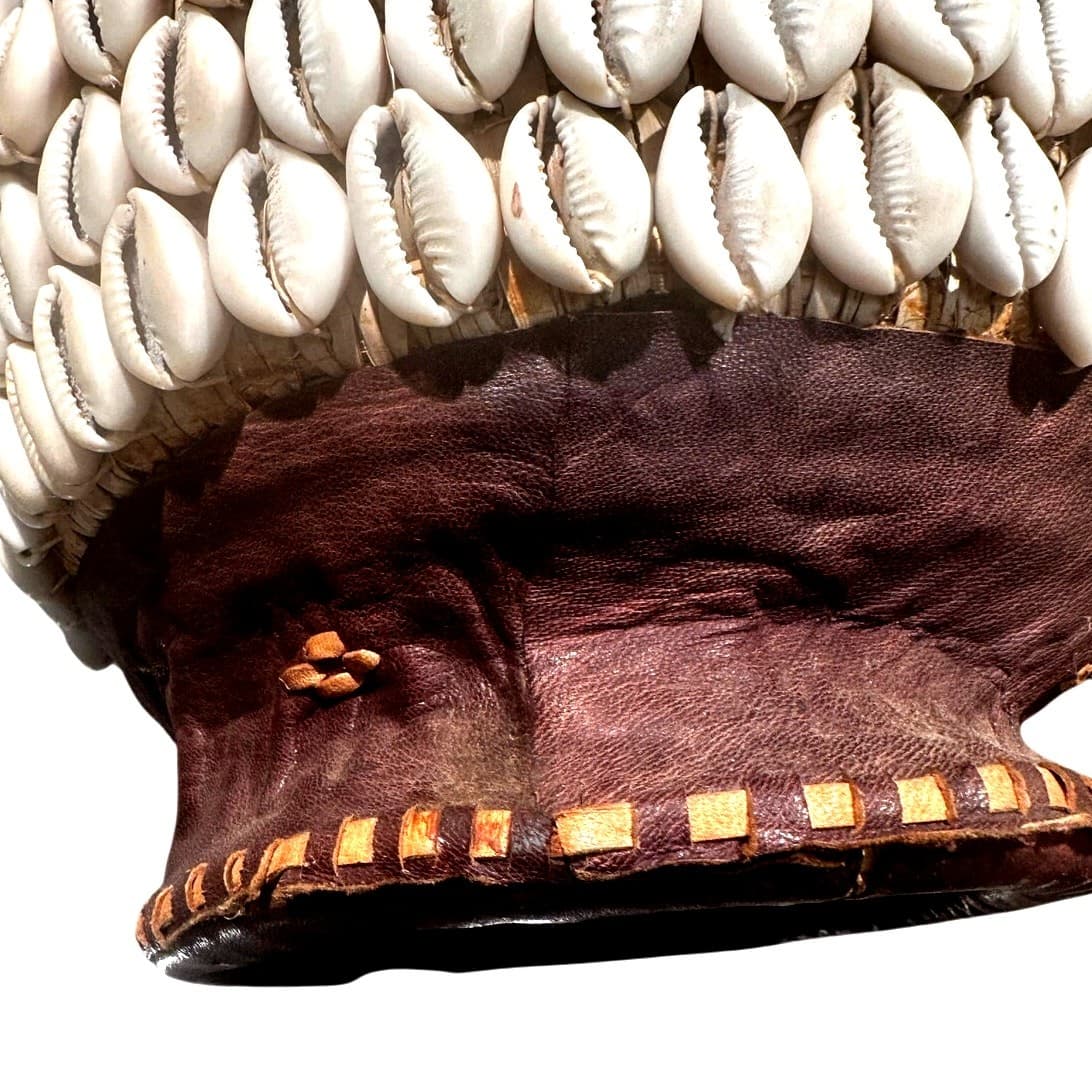 Antique African Tribal Art Hausa Cowrie Shell Hand Basket 8" Leather Handle Trim - Thumbnail 9