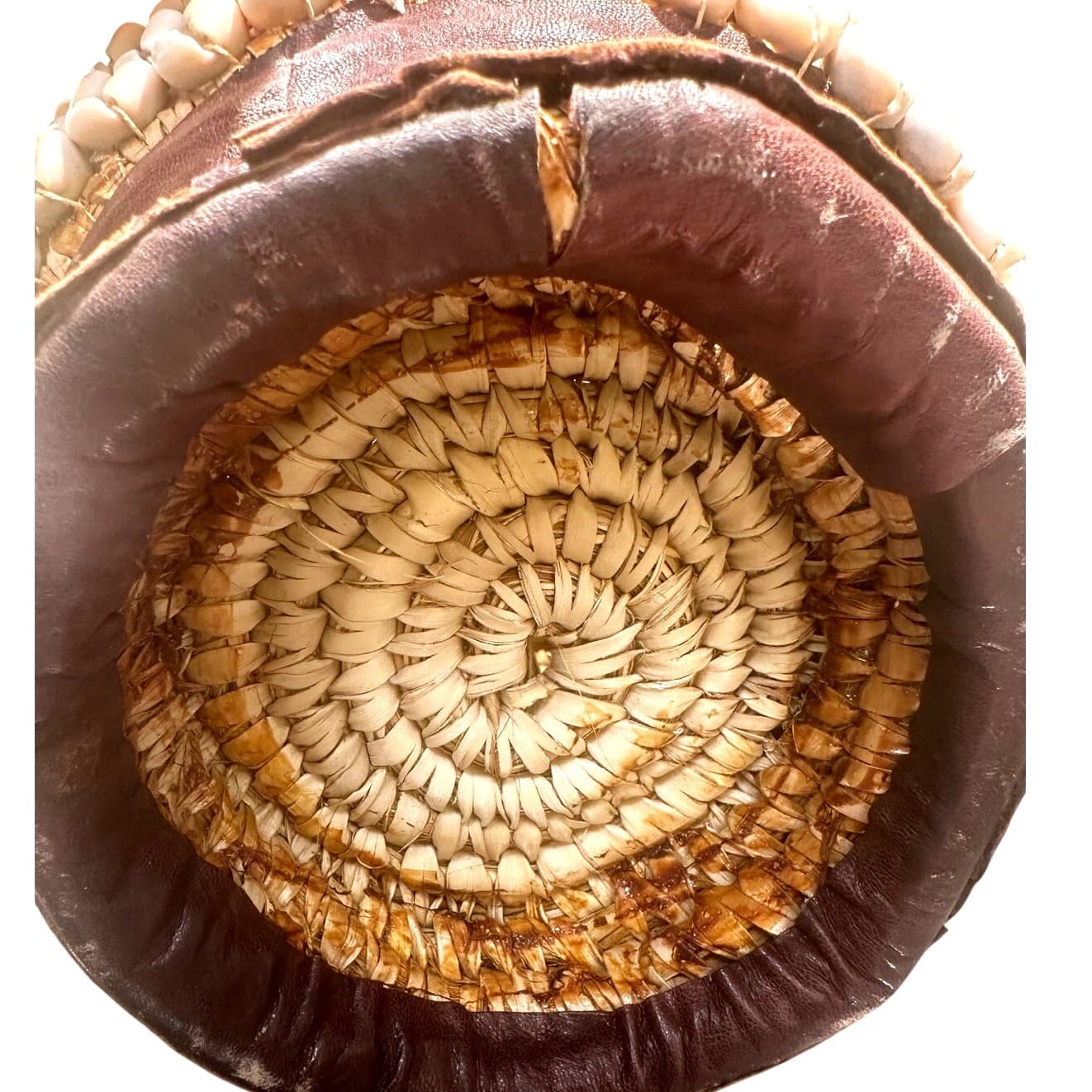 Antique African Tribal Art Hausa Cowrie Shell Hand Basket 8" Leather Handle Trim - Thumbnail 7