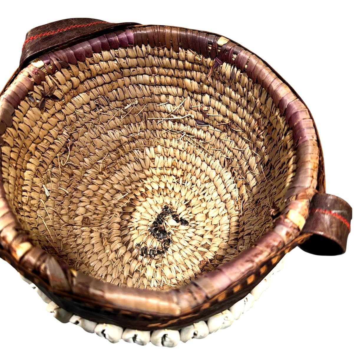 Antique African Tribal Art Hausa Cowrie Shell Hand Basket 8" Leather Handle Trim - Thumbnail 11