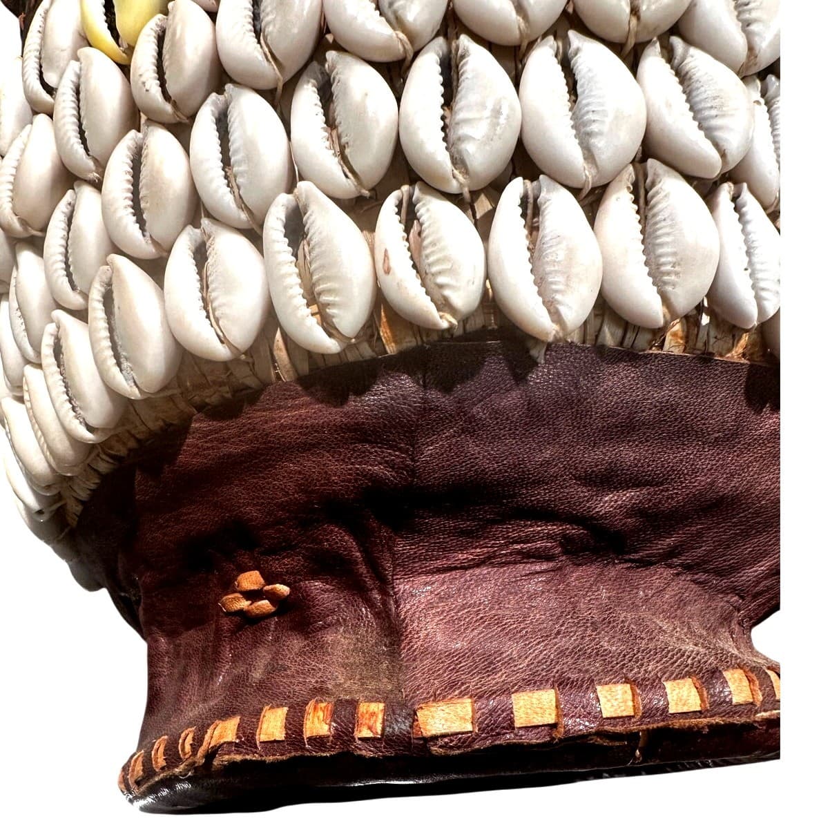 Antique African Tribal Art Hausa Cowrie Shell Hand Basket 8" Leather Handle Trim - Thumbnail 5