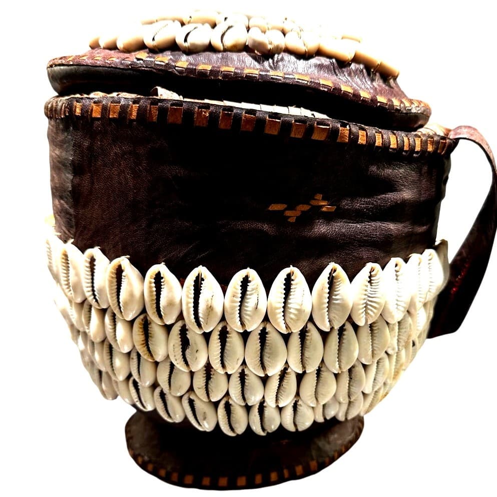 Antique African Tribal Art Hausa Cowrie Shell Hand Basket 8" Leather Handle Trim - Thumbnail 10