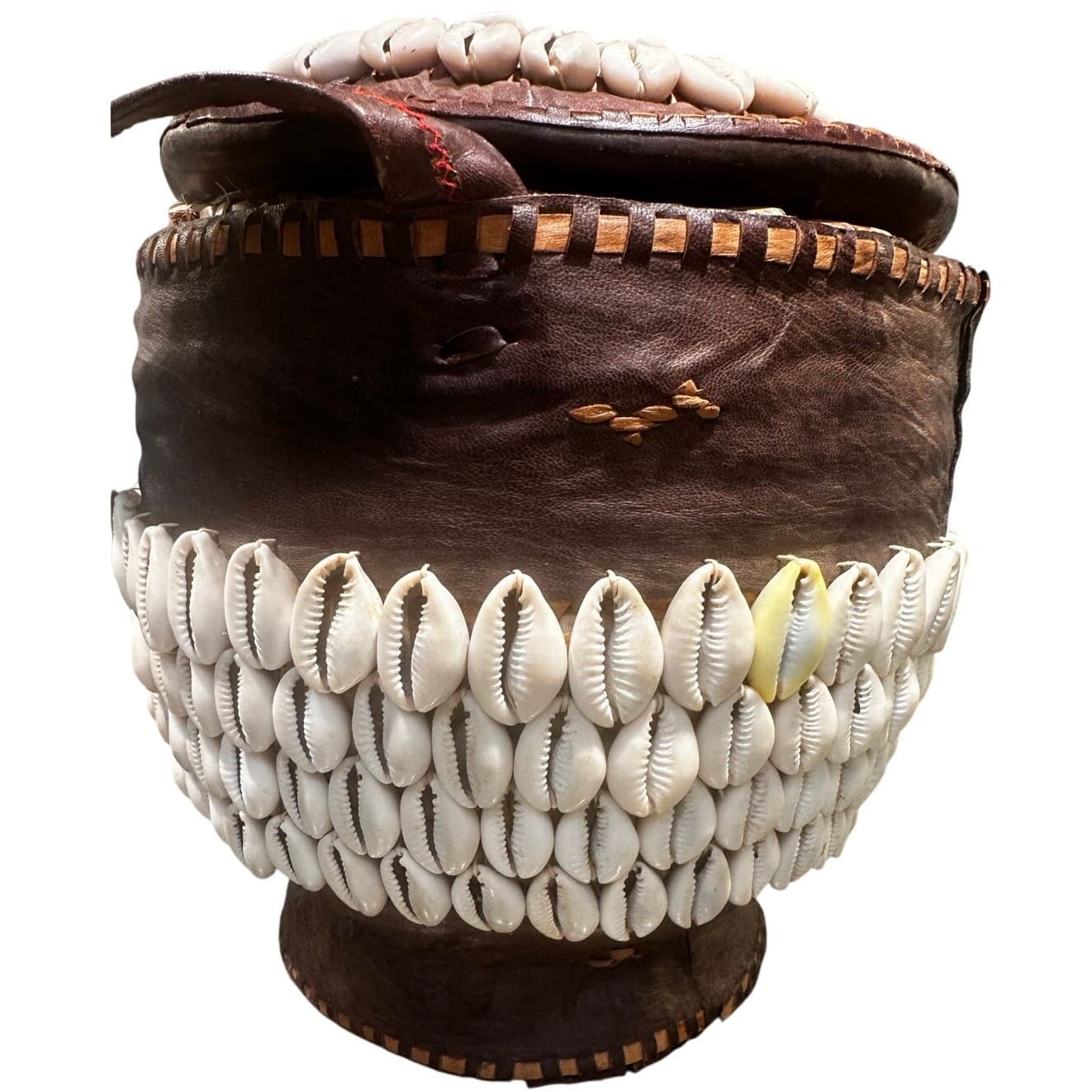 Antique African Tribal Art Hausa Cowrie Shell Hand Basket 8" Leather Handle Trim - Thumbnail 4