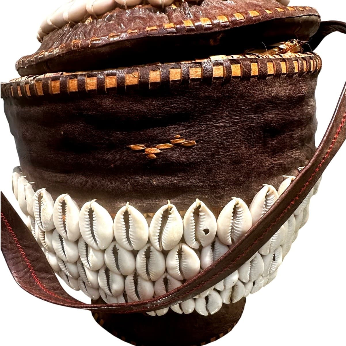 Antique African Tribal Art Hausa Cowrie Shell Hand Basket 8" Leather Handle Trim - Thumbnail 6