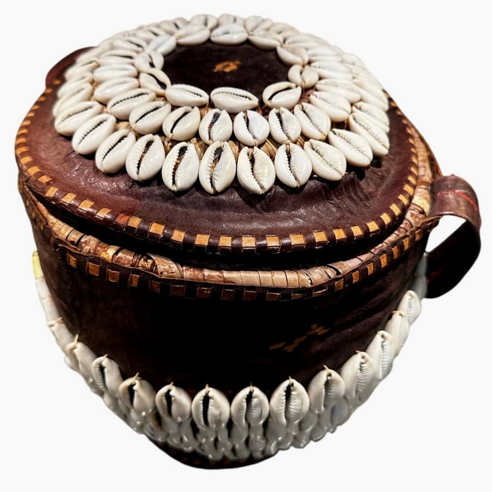 Antique African Tribal Art Hausa Cowrie Shell Hand Basket 8" Leather Handle Trim - Thumbnail 2