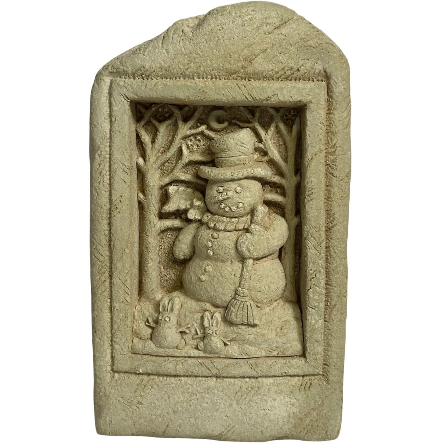 George Carruth 1995 Carved Stone Snowman Scene Plaque Vintage EX