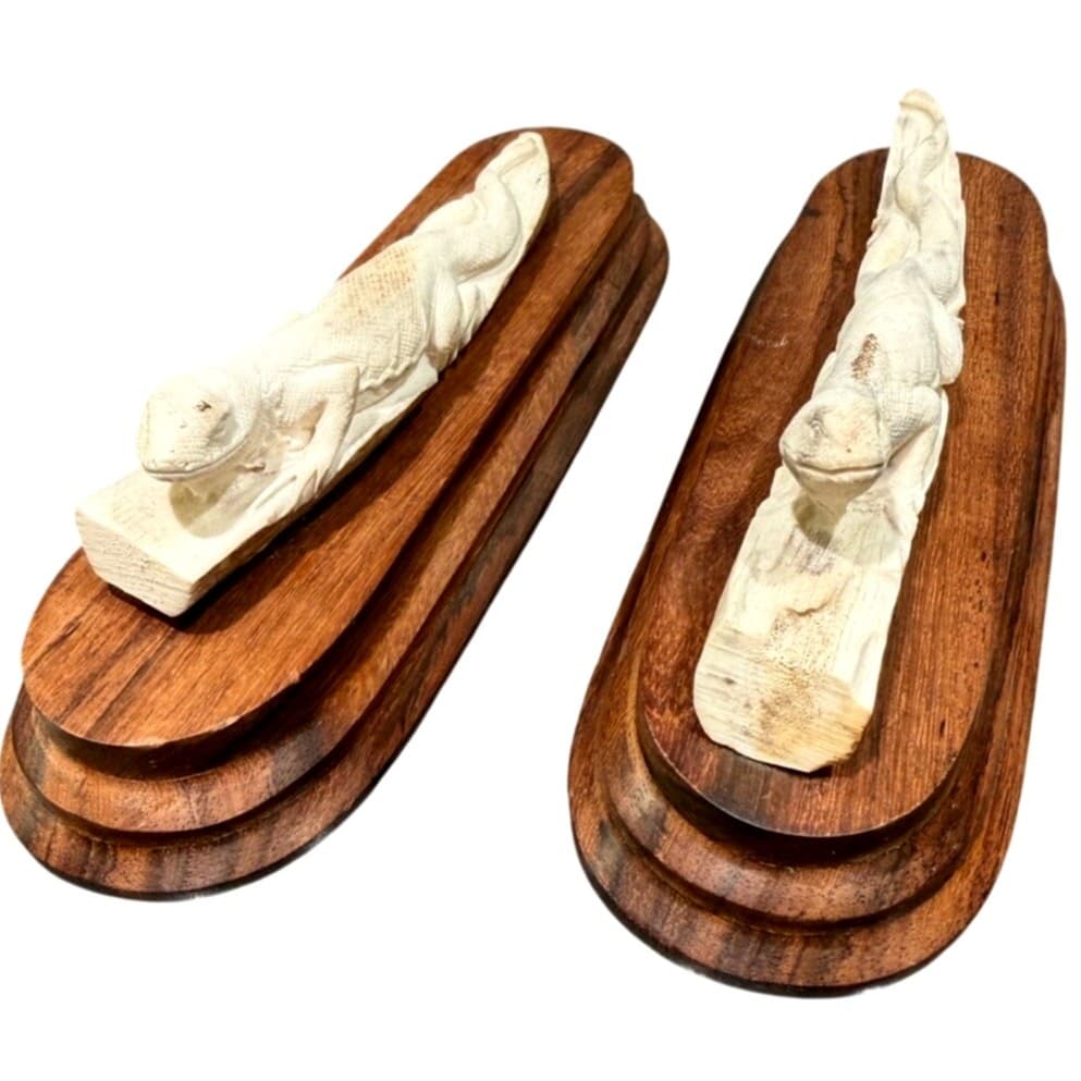 Pair Signed Hand Carved Bone Monitor Lizard Sculptures Walnut Bases Wildlife Art - Thumbnail 5