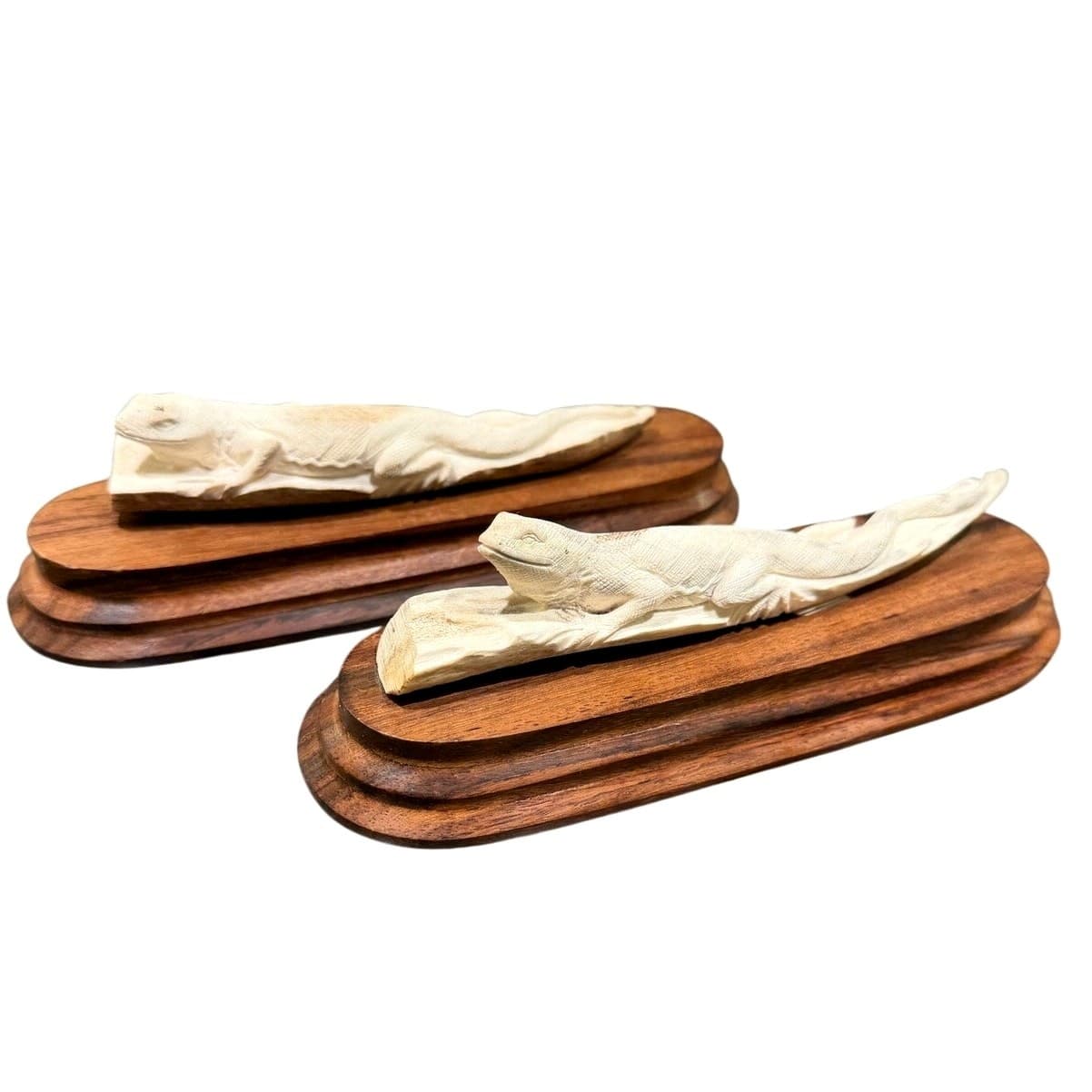 Pair Signed Hand Carved Bone Monitor Lizard Sculptures Walnut Bases Wildlife Art - Thumbnail 4