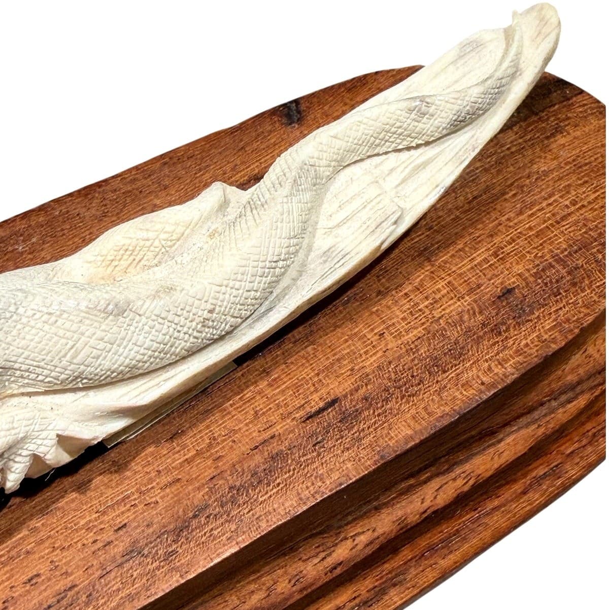 Pair Signed Hand Carved Bone Monitor Lizard Sculptures Walnut Bases Wildlife Art - Thumbnail 8