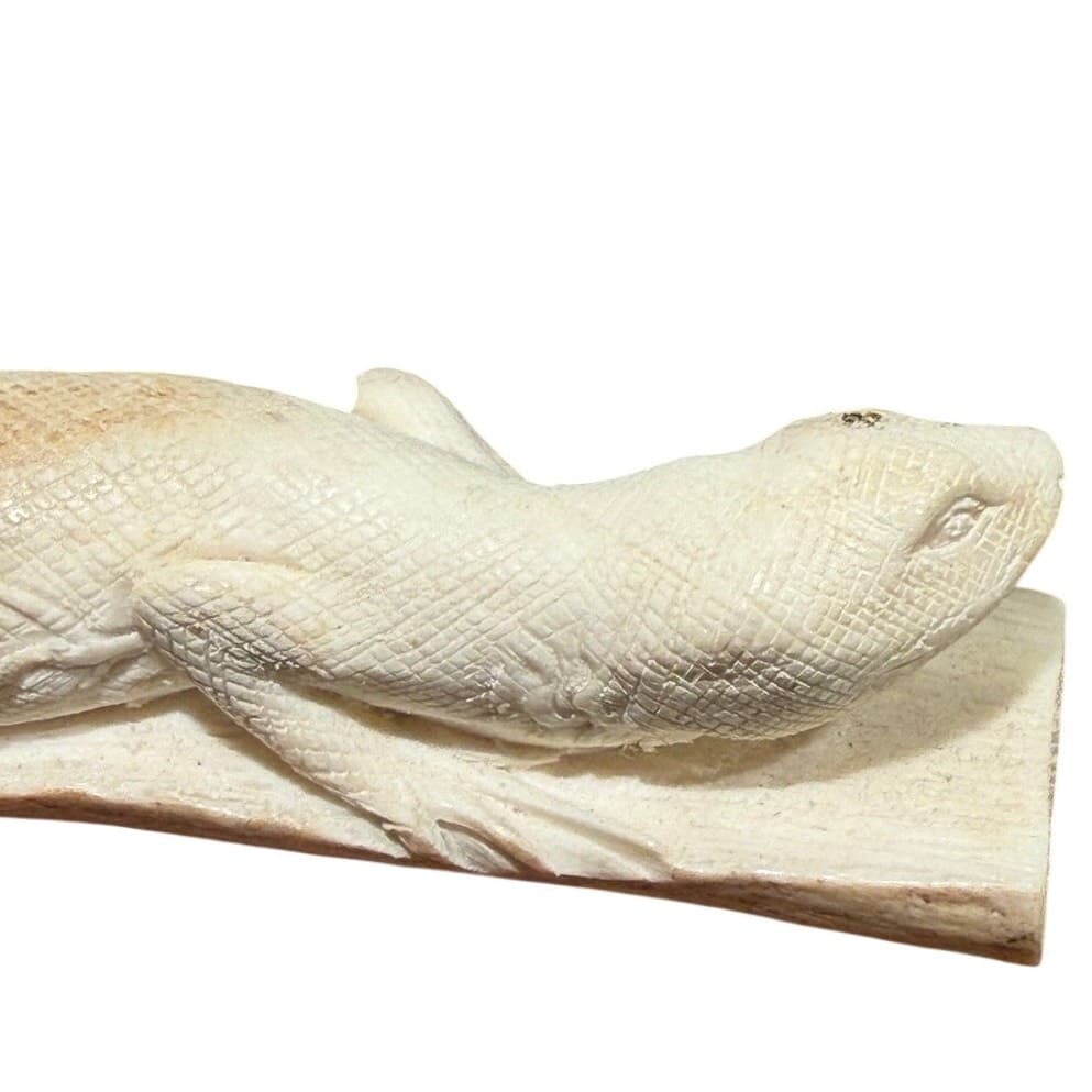 Pair Signed Hand Carved Bone Monitor Lizard Sculptures Walnut Bases Wildlife Art - Thumbnail 11