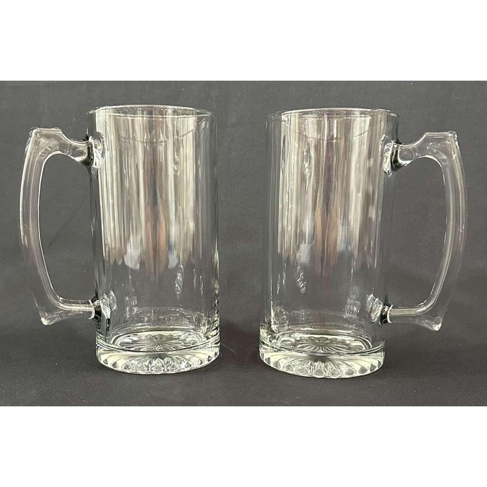 Pair of Heavy Clear Glass Beer Mugs Steins 7" Tall Set of 2 Vintage