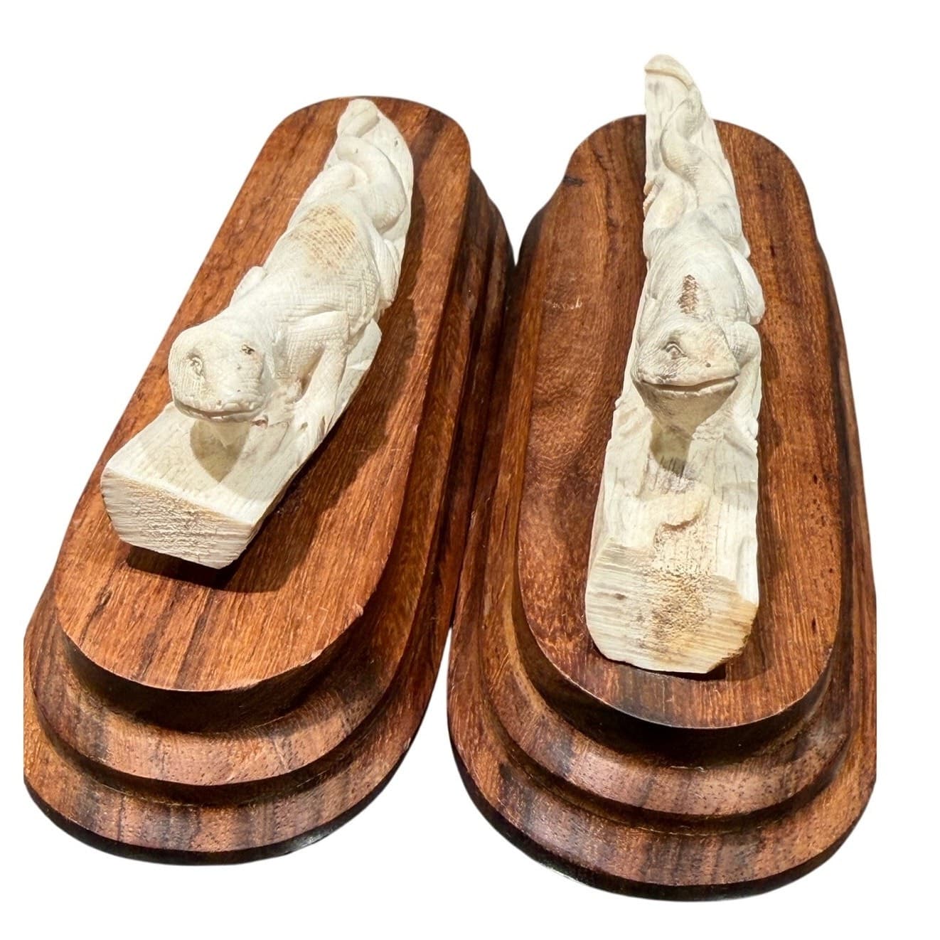 Pair Signed Hand Carved Bone Monitor Lizard Sculptures Walnut Bases Wildlife Art - Thumbnail 2