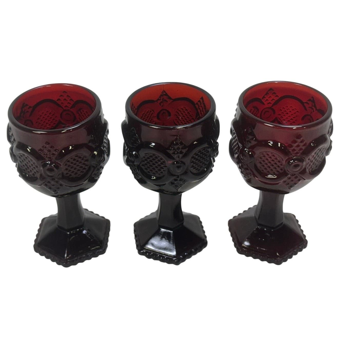Avon Cape Cod Ruby Red 4-1/2" Sherry Wine Footed Glasses Set of 3 - Thumbnail 2