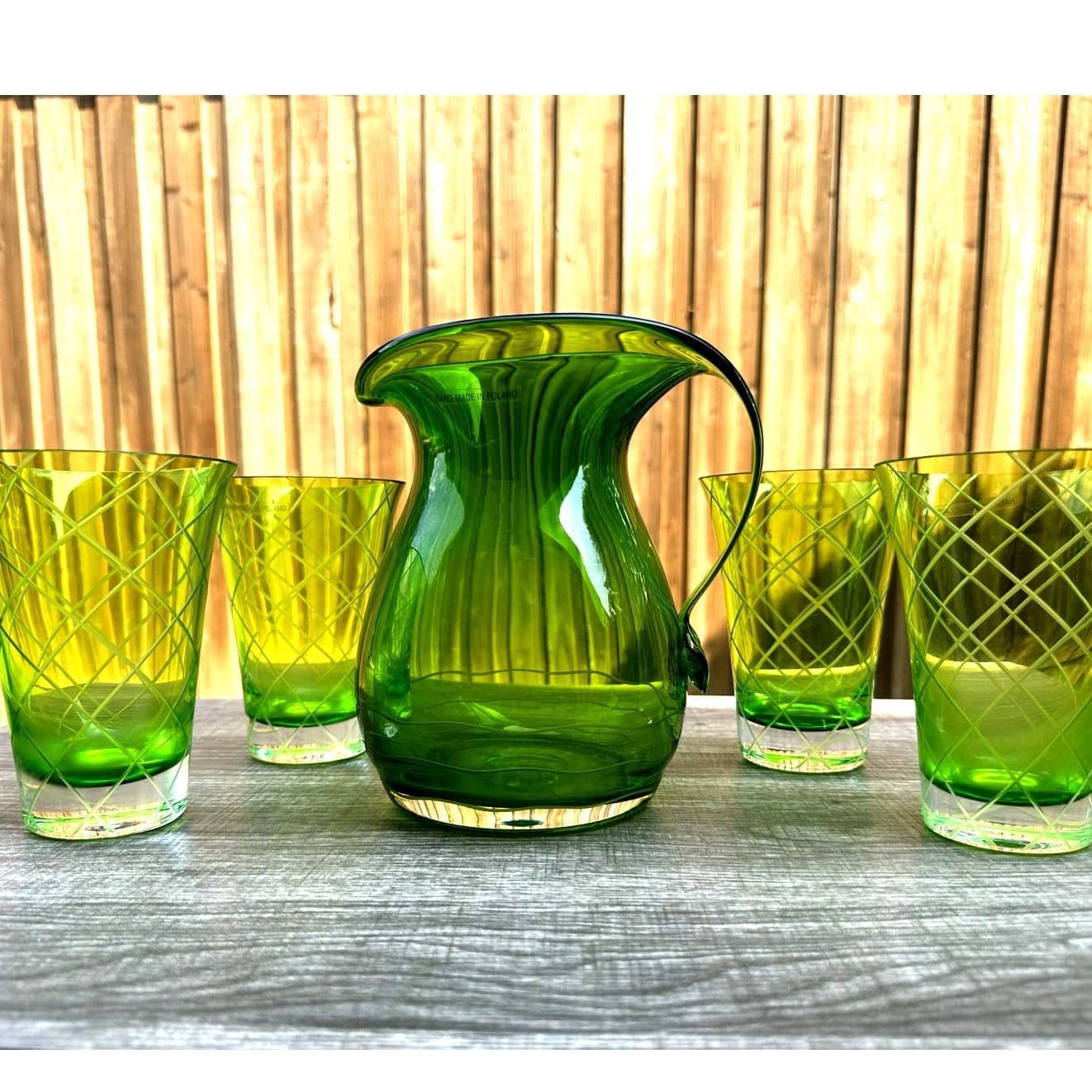 Neiman Marcus Cut-Glass Design Pitcher and Glasses Set-Made in Poland-Rare FInd
