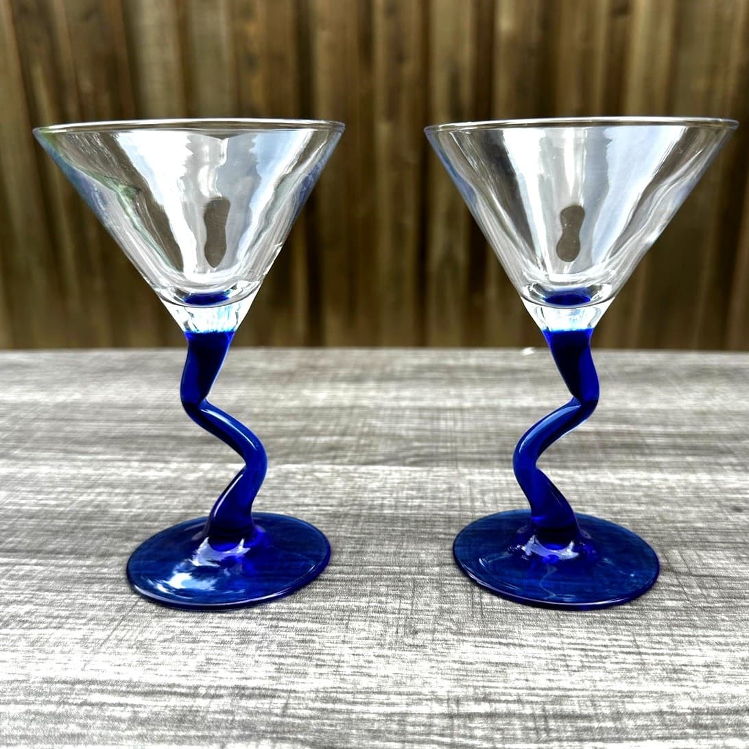 Libbey Courbe Mini Cocktail Zig Zag Stem 5" Martini Glasses Clear Cobalt Blue-2 - Thumbnail 3