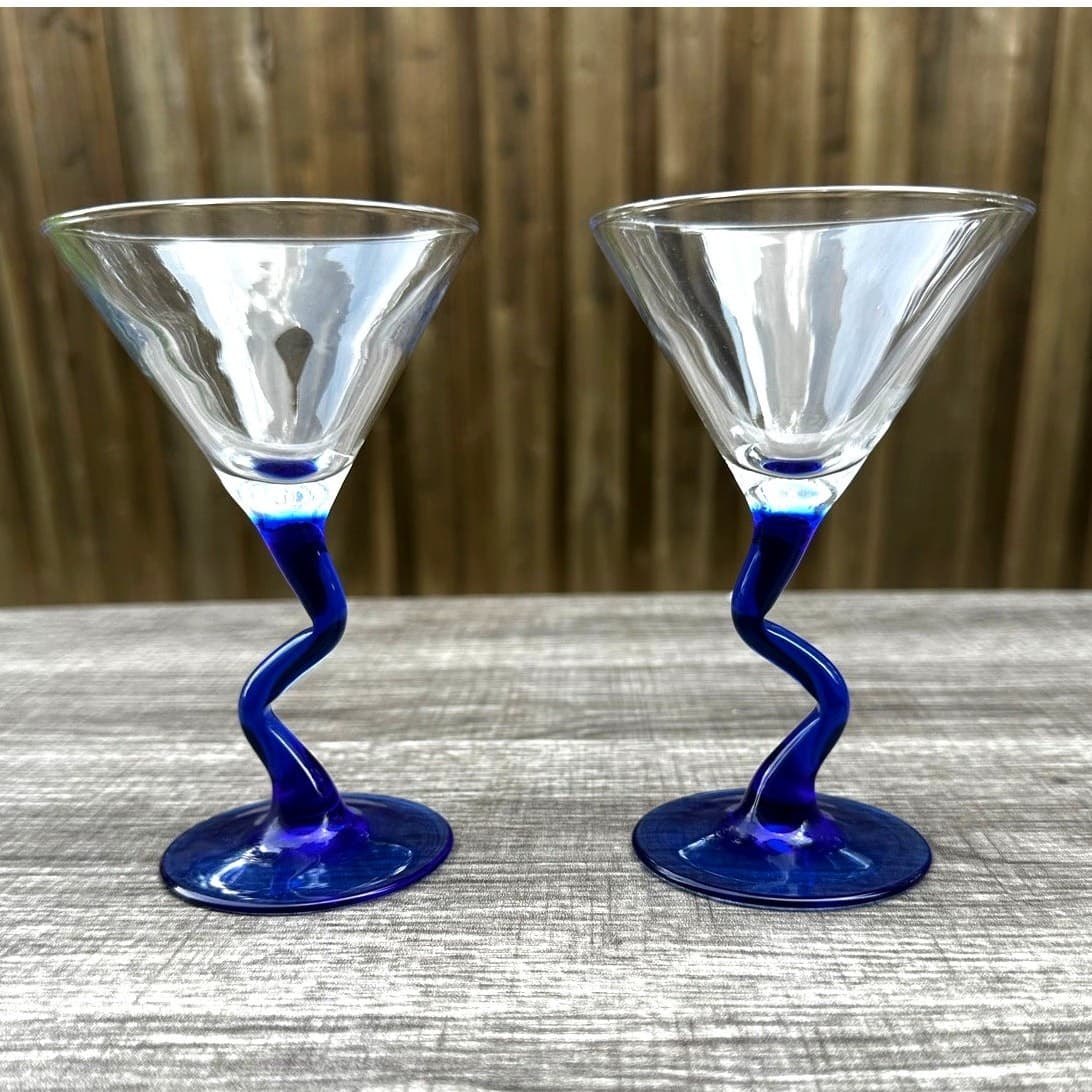 Libbey Courbe Mini Cocktail Zig Zag Stem 5" Martini Glasses Clear Cobalt Blue-2