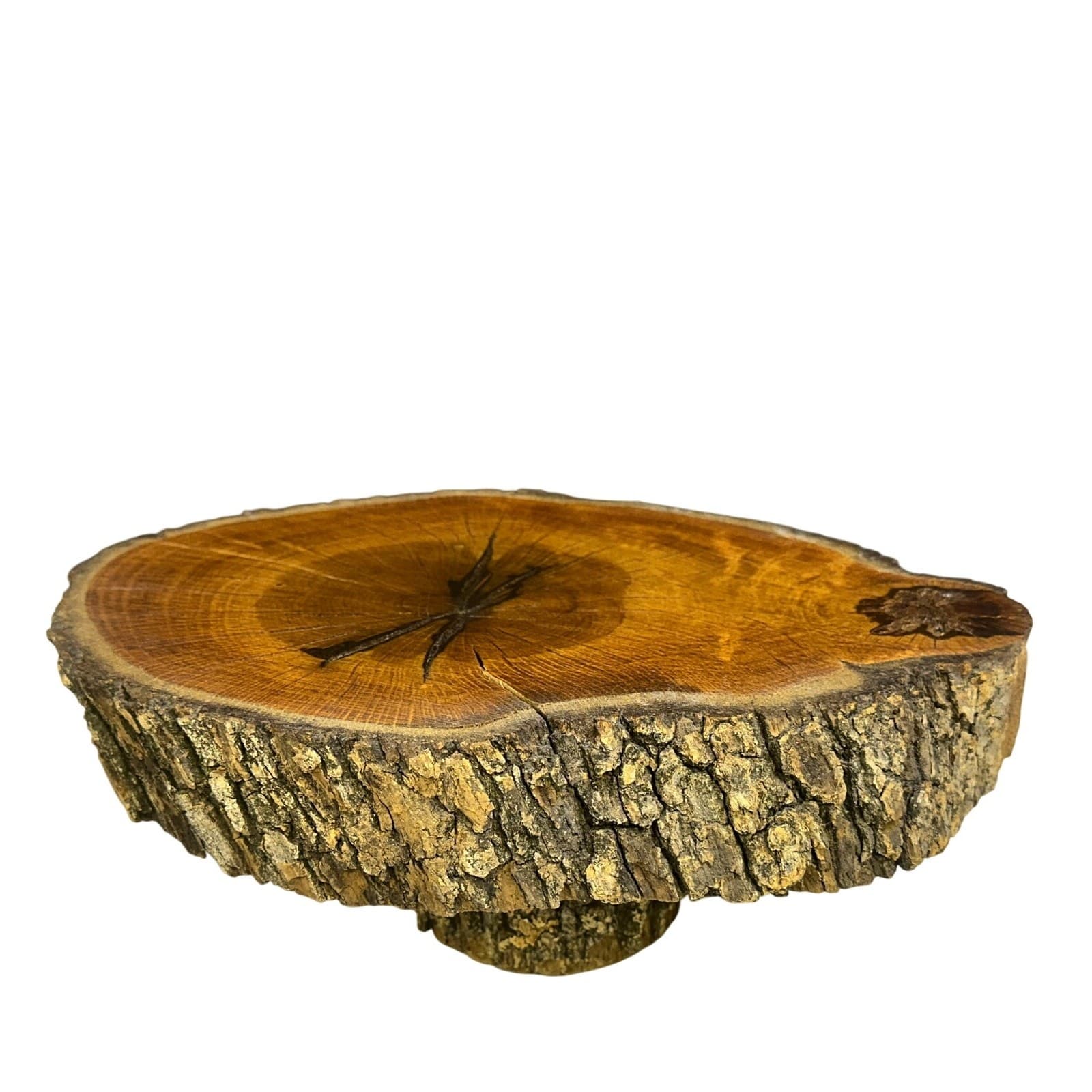 Unique Log Slab Pedestal Natural Wood 4.5" Cake Stand w/Rustic Bark Edge Accent - Thumbnail 3