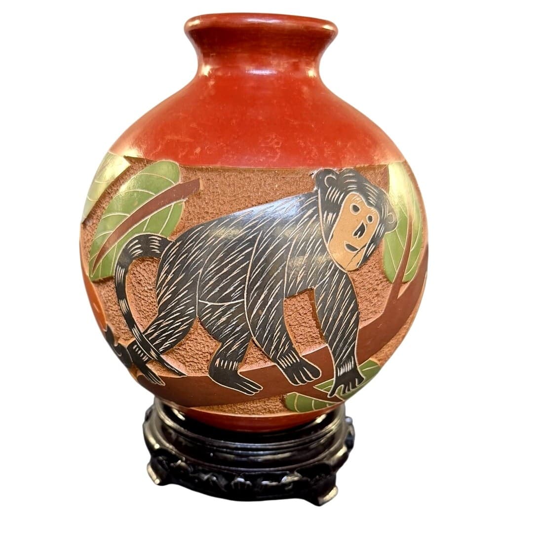 Luis Bracamonte Signed Nicaraguan Art Pottery Monkey Vase Red Clay 6.5"