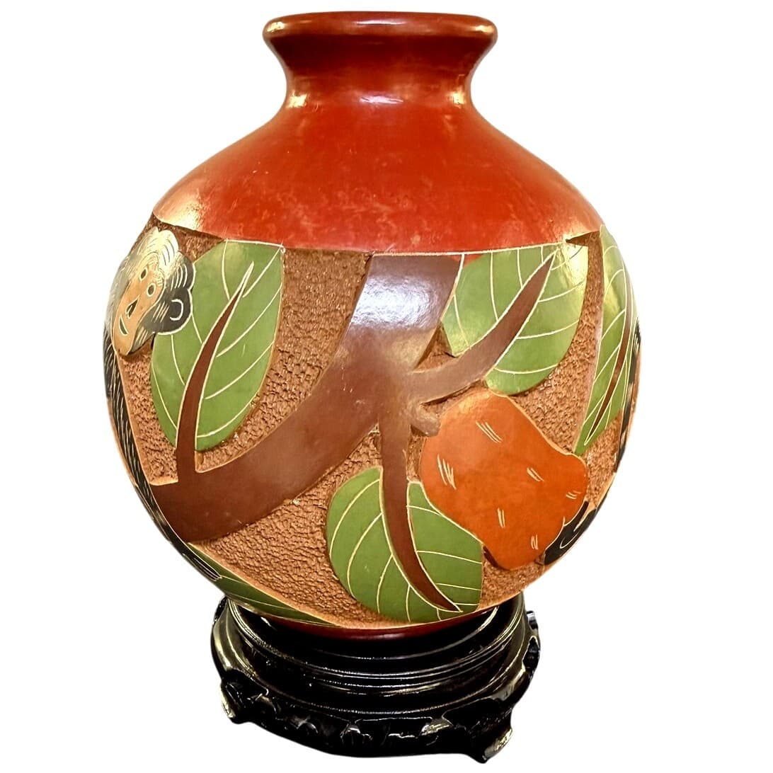 Luis Bracamonte Signed Nicaraguan Art Pottery Monkey Vase Red Clay 6.5" - Thumbnail 4