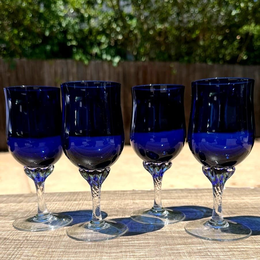 Vintage Sasaki Coronation Cobalt Blue Wine Goblets Twisted Stem Set of 4 - Thumbnail 5