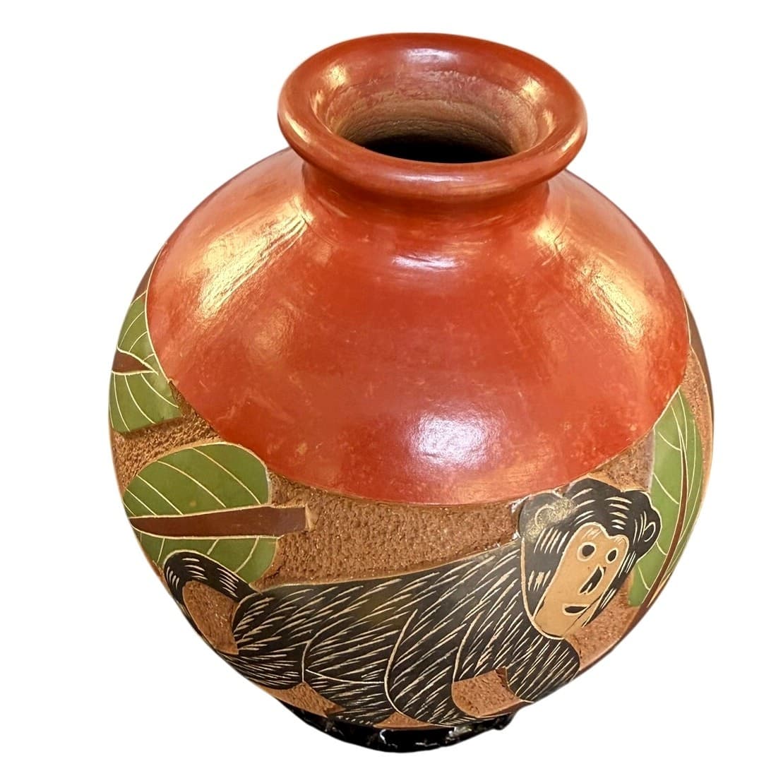 Luis Bracamonte Signed Nicaraguan Art Pottery Monkey Vase Red Clay 6.5" - Thumbnail 2