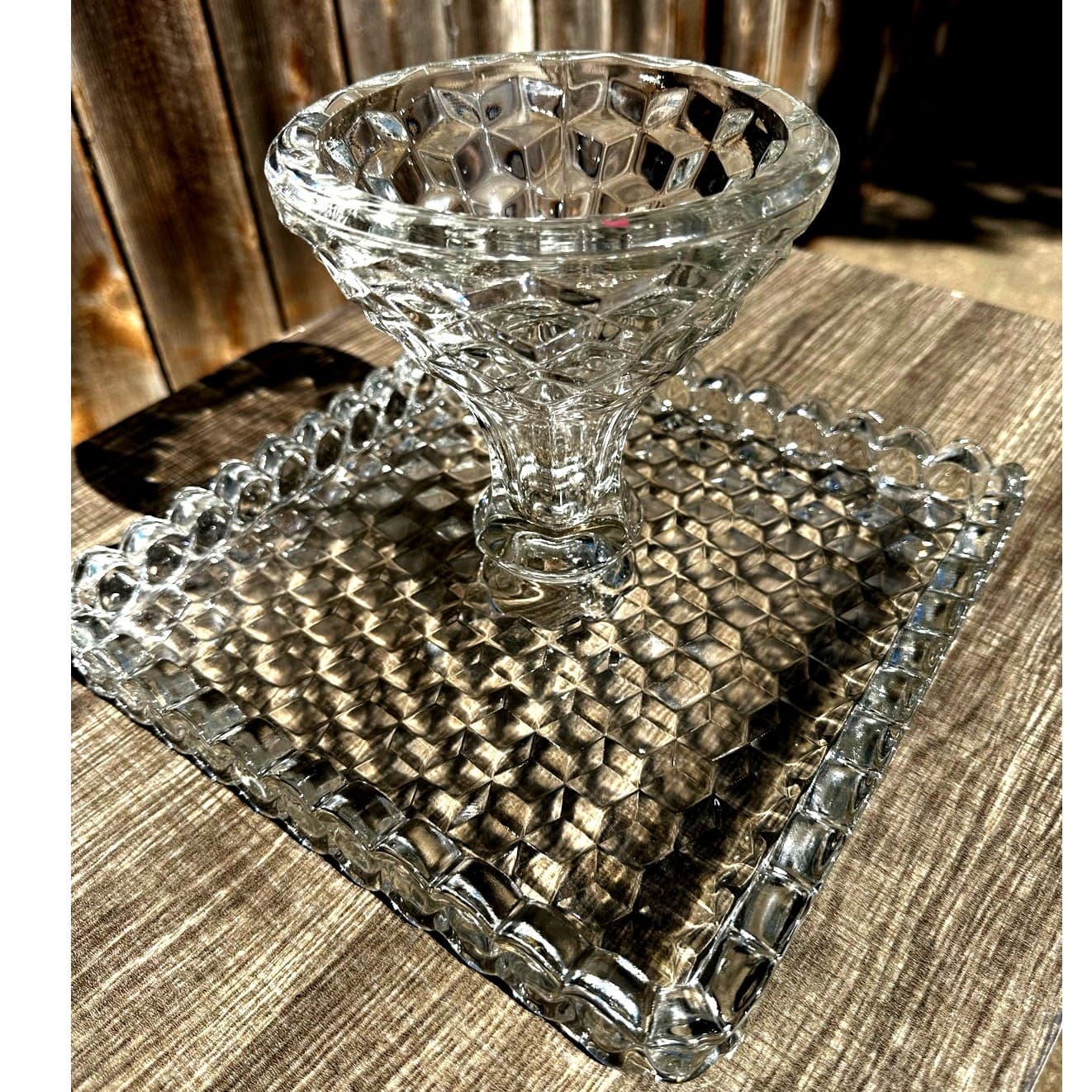 Fostoria Retired 1915-82 American Clear Cube Square 10 1/8" Cake Stand Rum Well - Thumbnail 5