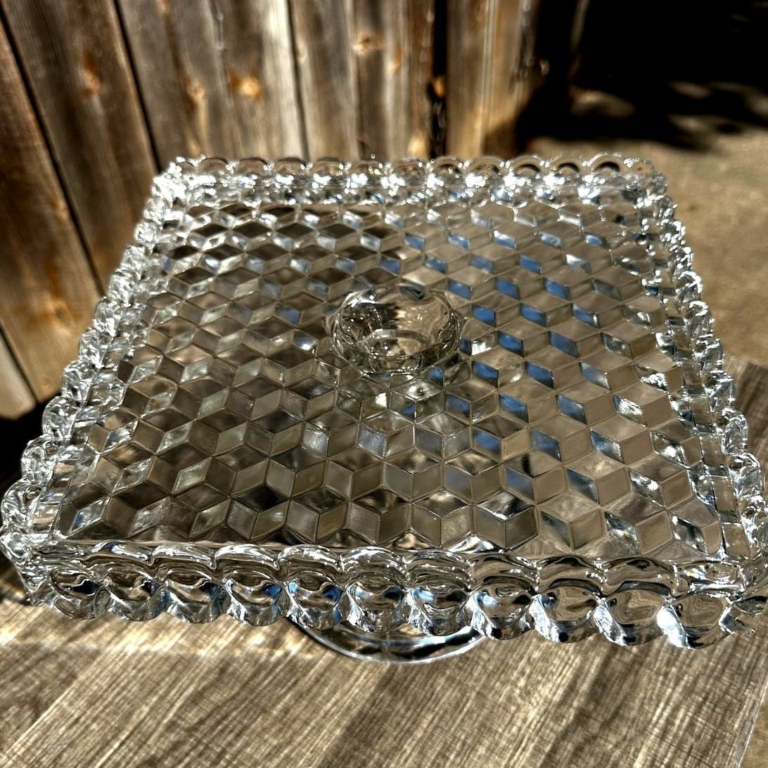 Fostoria Retired 1915-82 American Clear Cube Square 10 1/8" Cake Stand Rum Well - Thumbnail 6