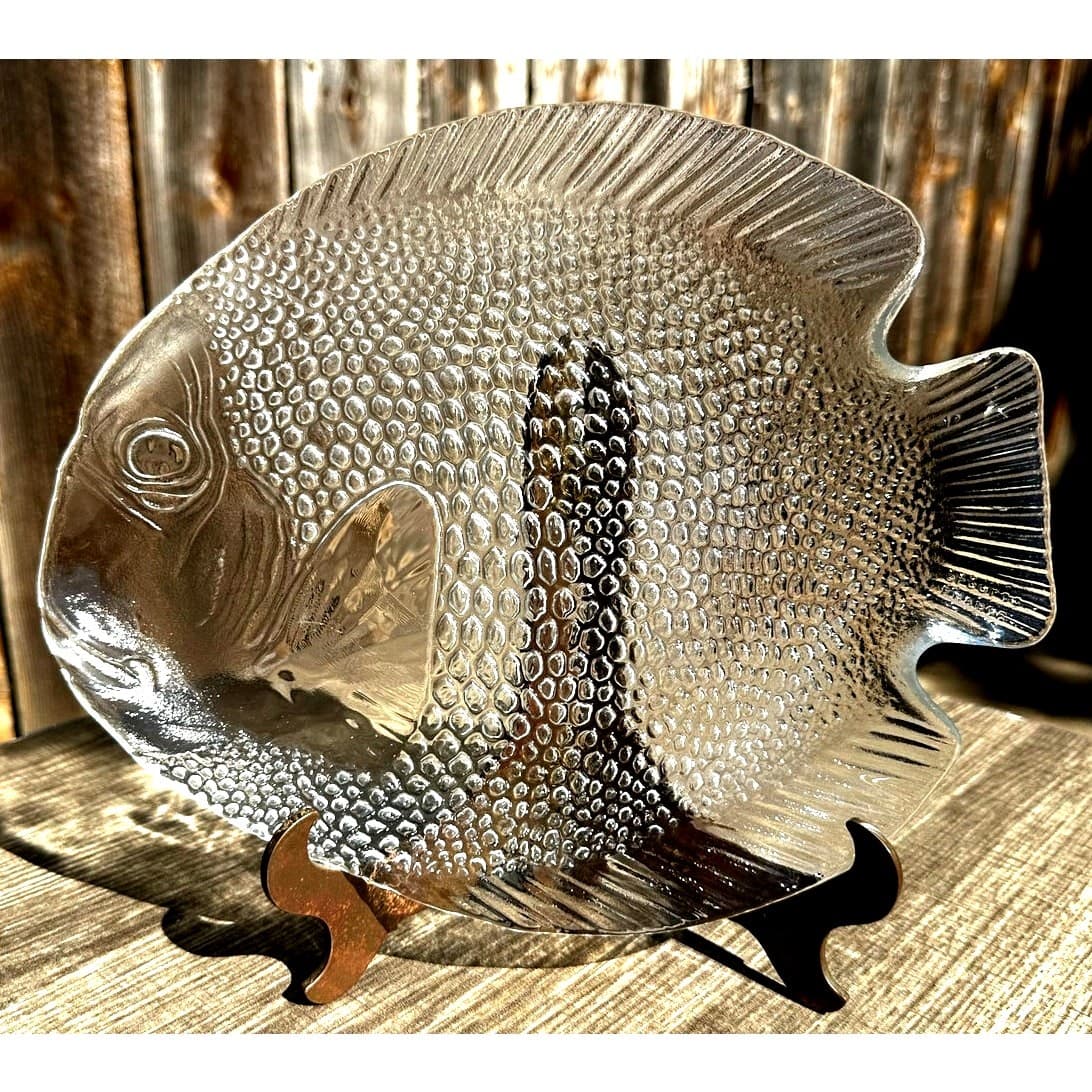 Arcoroc France Vintage Textured Clear Glass Poisson Fish Shape 10"x8.25" Plate