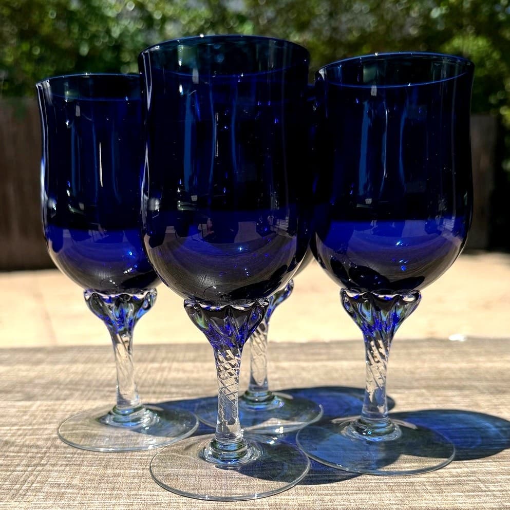 Vintage Sasaki Coronation Cobalt Blue Wine Goblets Twisted Stem Set of 4 - Thumbnail 3