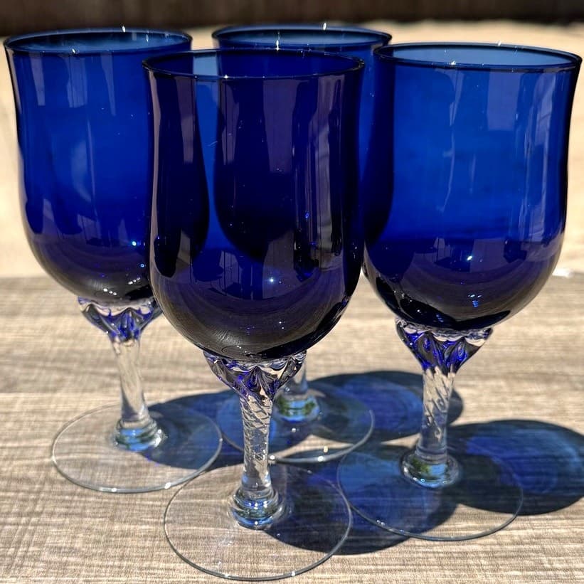Vintage Sasaki Coronation Cobalt Blue Wine Goblets Twisted Stem Set of 4 - Thumbnail 2