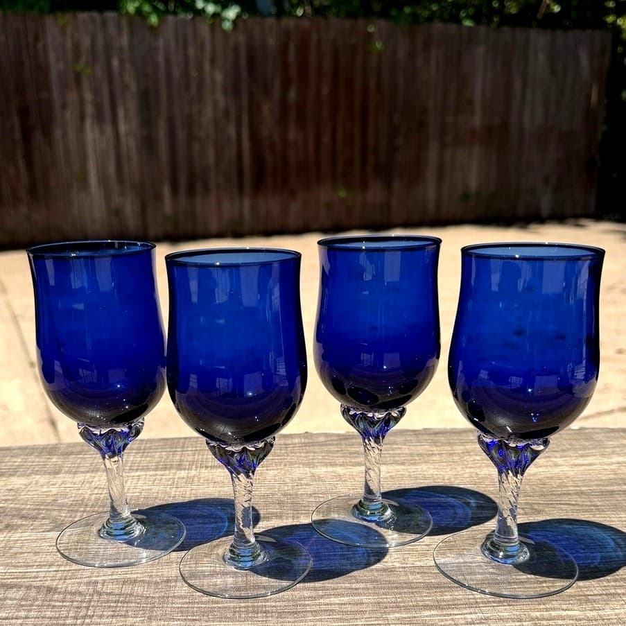 Vintage Sasaki Coronation Cobalt Blue Wine Goblets Twisted Stem Set of 4 - Thumbnail 6