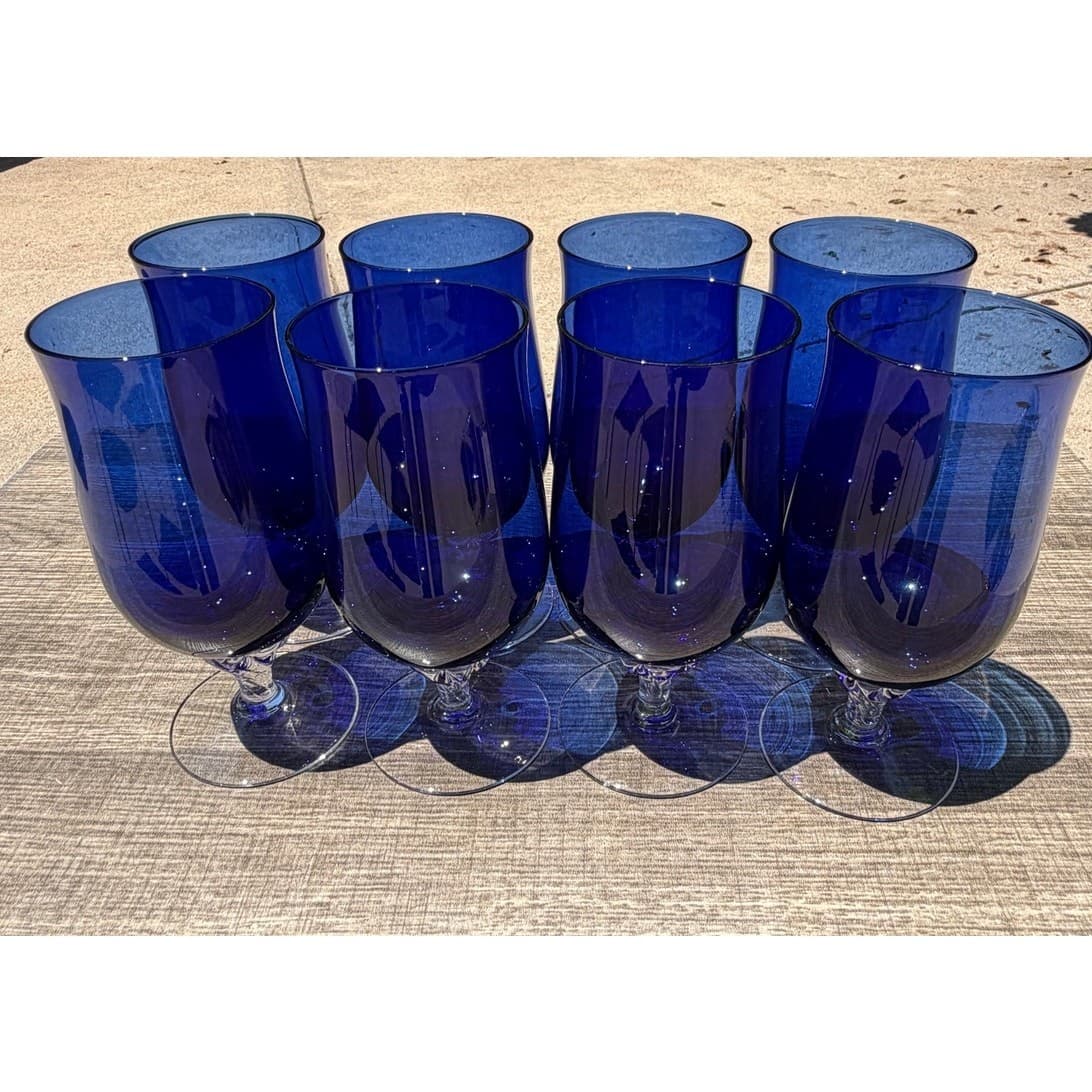 Vintage Sasaki Coronation Cobalt Blue Iced Tea Glasses Twisted Stem Set of 8 - Thumbnail 9