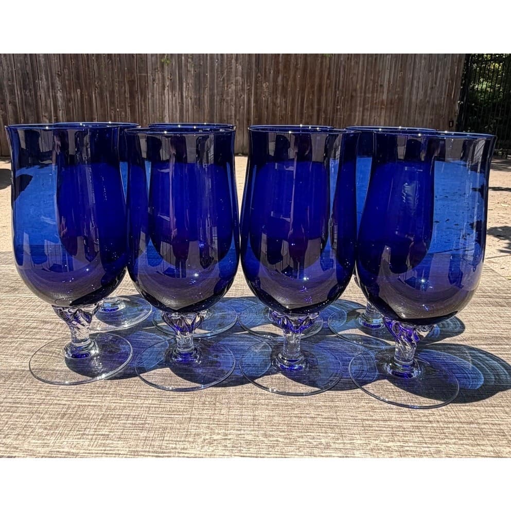 Vintage Sasaki Coronation Cobalt Blue Iced Tea Glasses Twisted Stem Set of 8 - Thumbnail 5