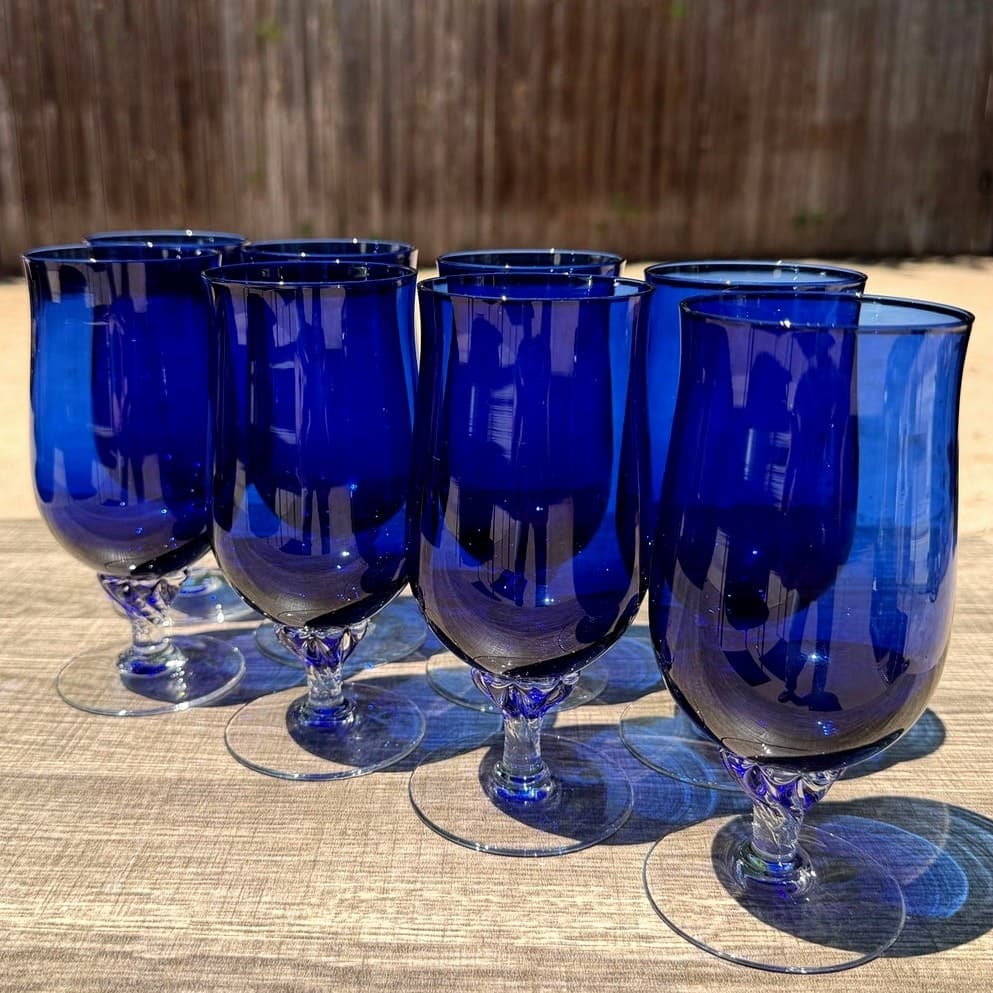 Vintage Sasaki Coronation Cobalt Blue Iced Tea Glasses Twisted Stem Set of 8