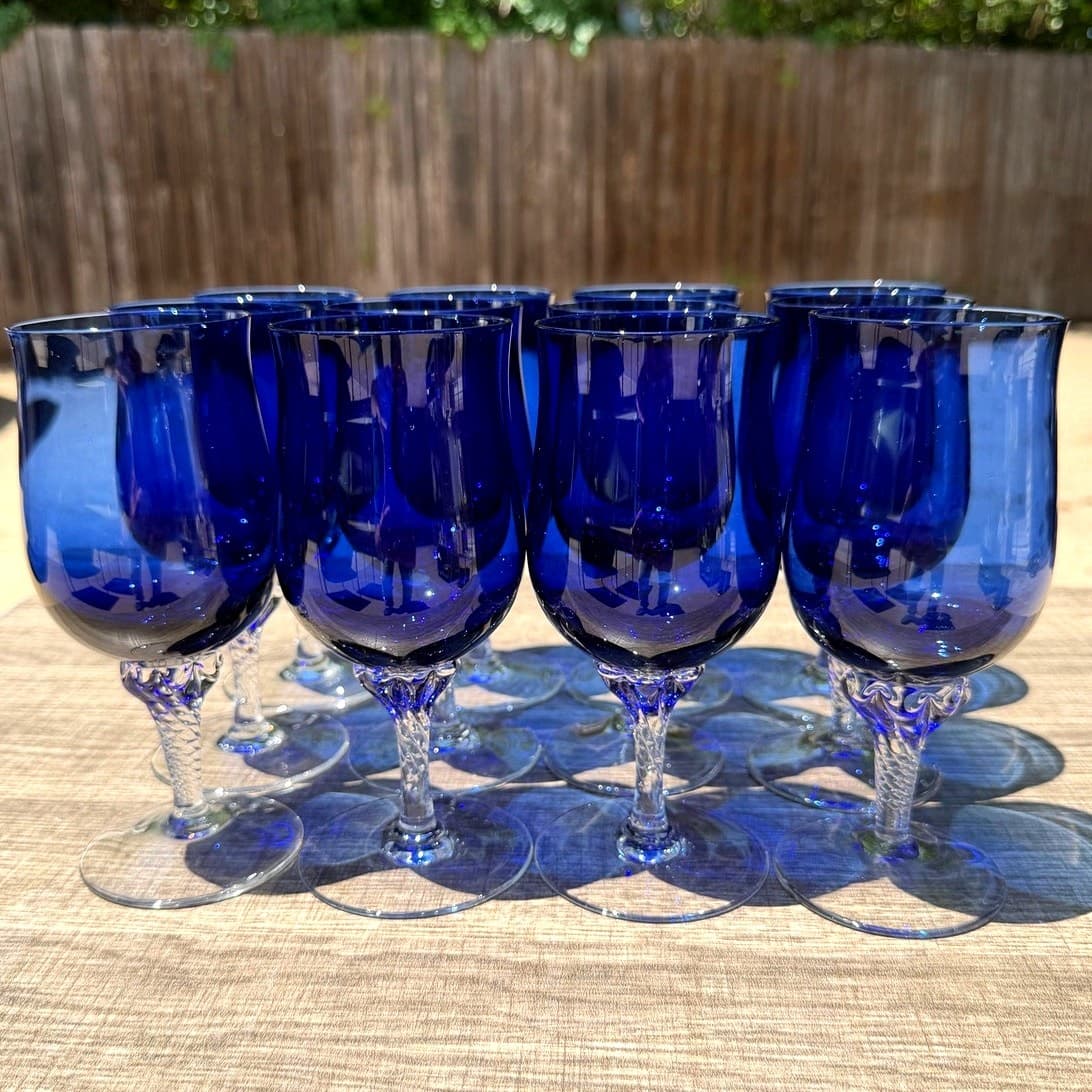 Vintage Sasaki Coronation Cobalt Blue Water Goblets Twisted Stem Set of 12-Rare