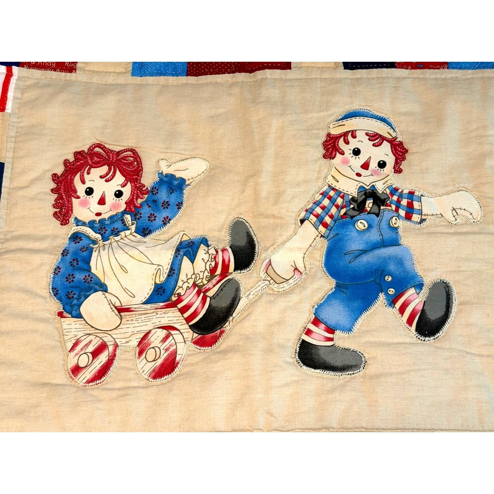 Vintage Handmade Raggedy Ann Andy Quilt Hand Quilted Patchwork Americana FolkArt - Thumbnail 2