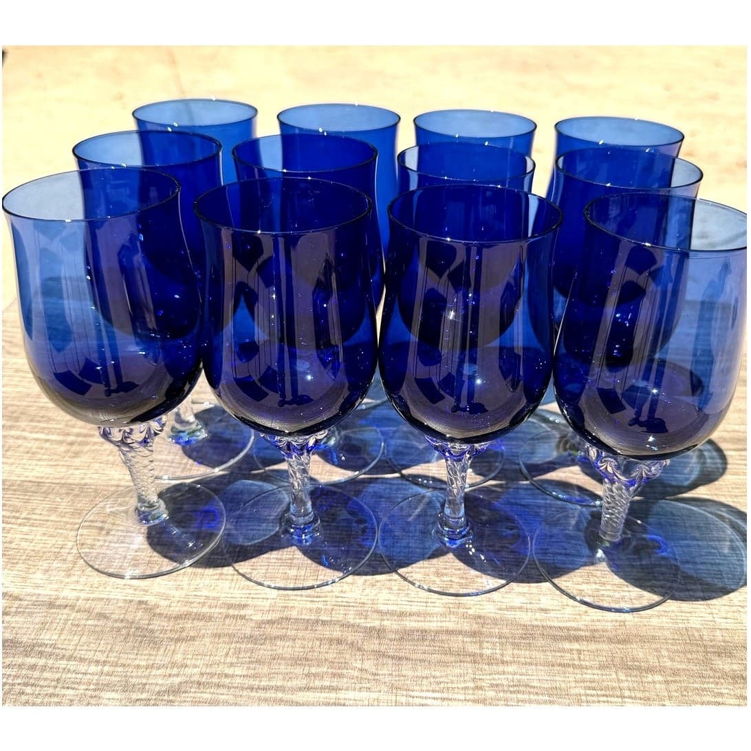 Vintage Sasaki Coronation Cobalt Blue Water Goblets Twisted Stem Set of 12-Rare - Thumbnail 2