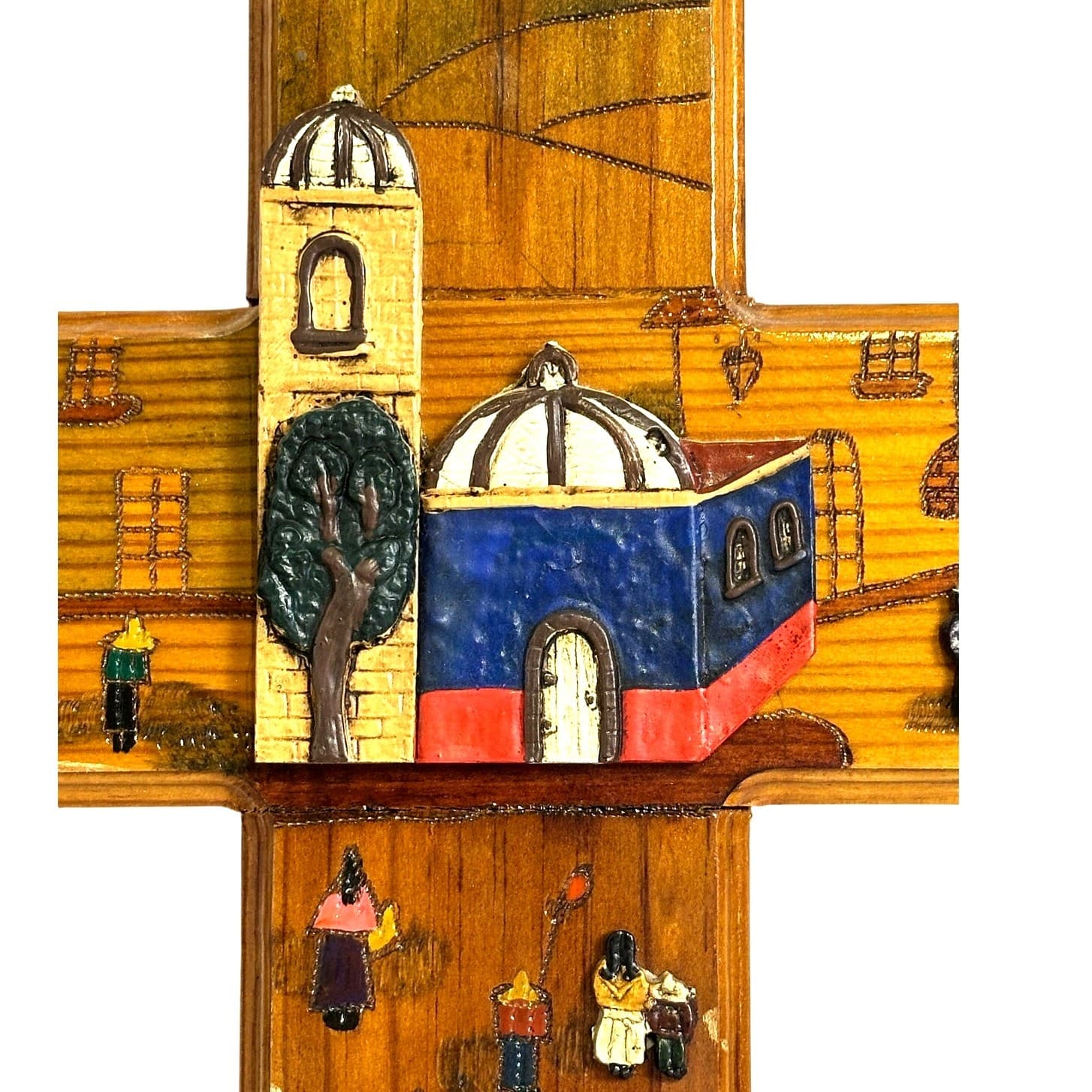Folk Art Hand Painted 3-D Wood Cross Church Village Scene 20” x 14” - Thumbnail 2