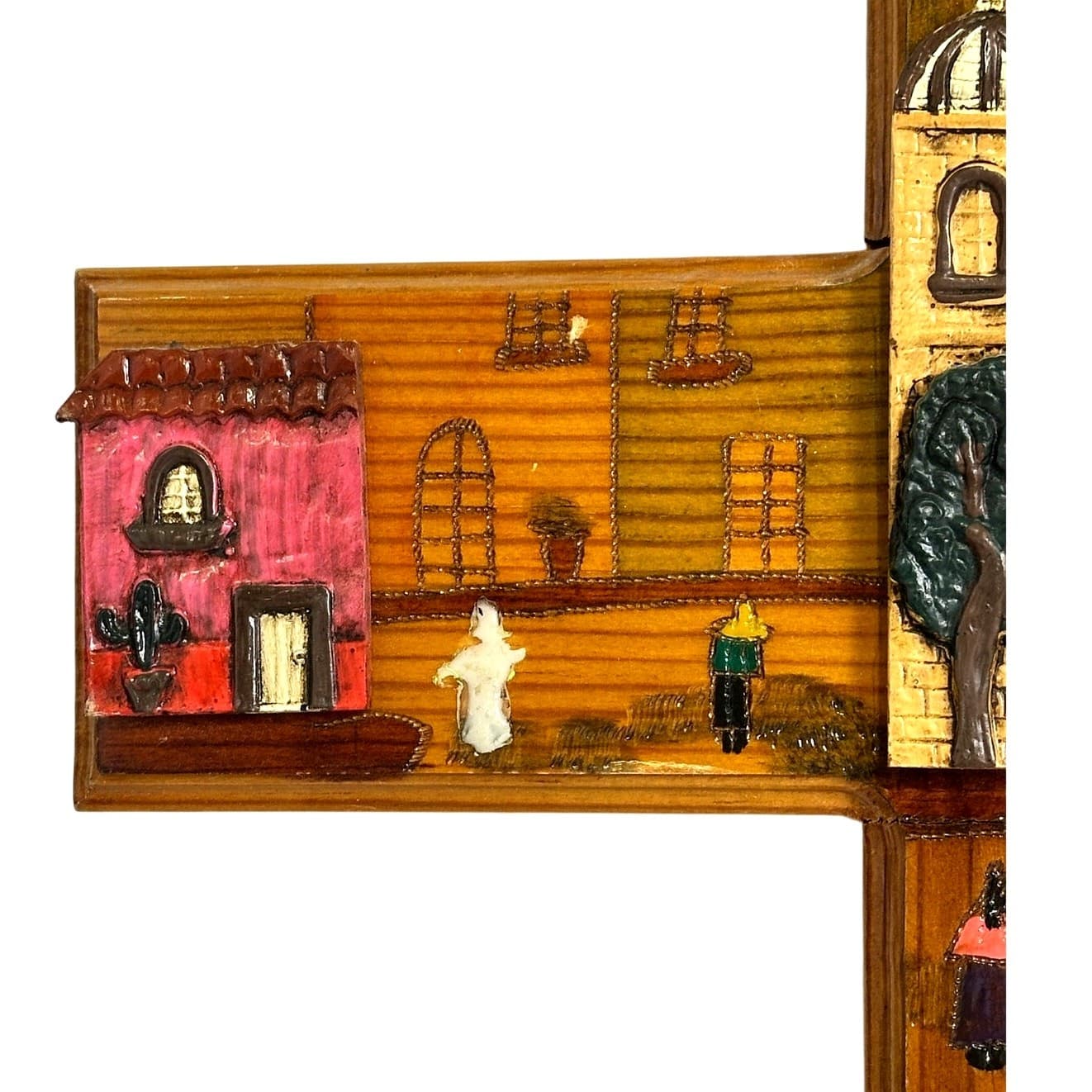 Folk Art Hand Painted 3-D Wood Cross Church Village Scene 20” x 14” - Thumbnail 3