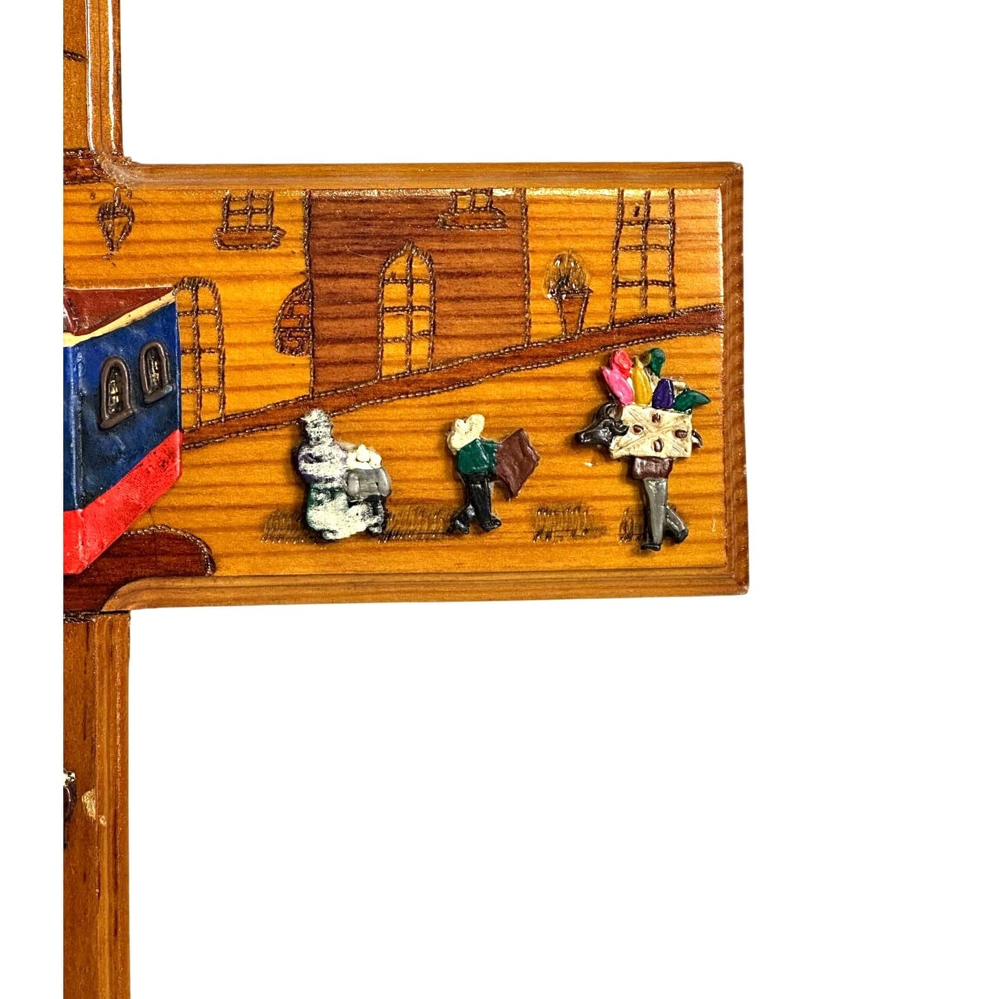 Folk Art Hand Painted 3-D Wood Cross Church Village Scene 20” x 14” - Thumbnail 4