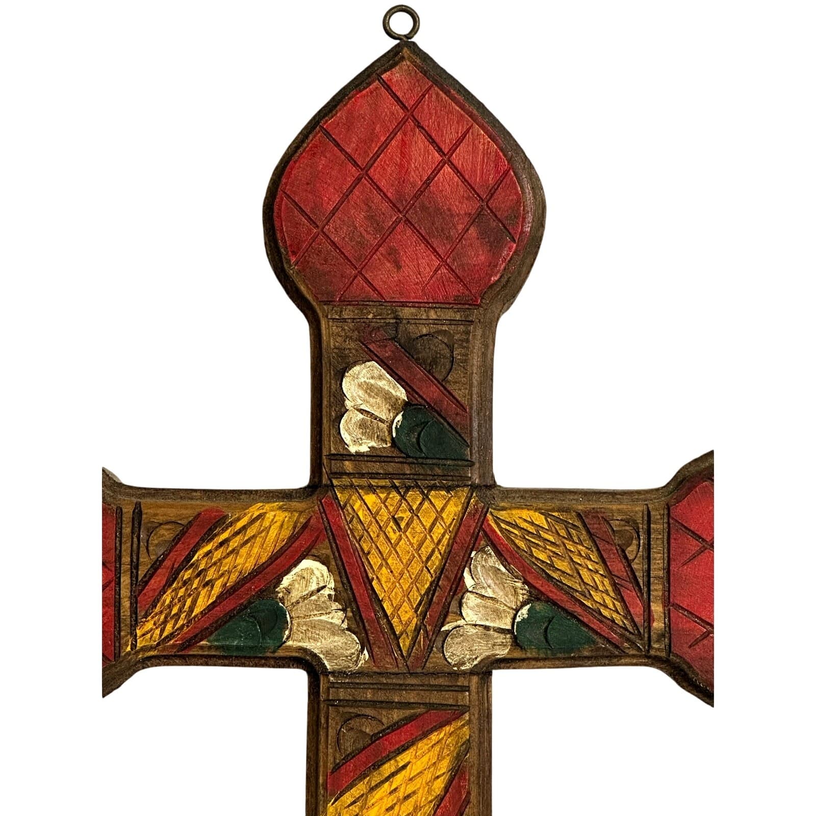 Hand Crafted Folk Art Carved Wood Painted Cross Mexico 15” x 10” - Thumbnail 2