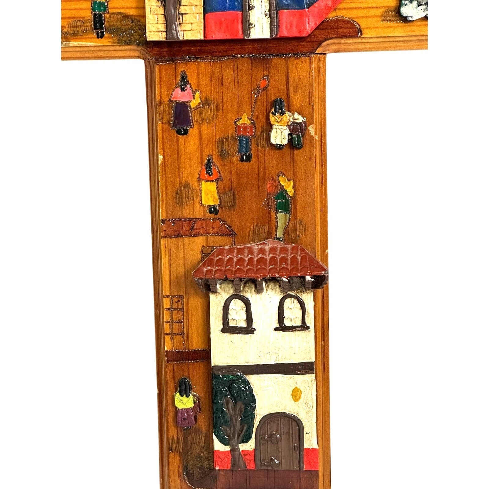 Folk Art Hand Painted 3-D Wood Cross Church Village Scene 20” x 14” - Thumbnail 5