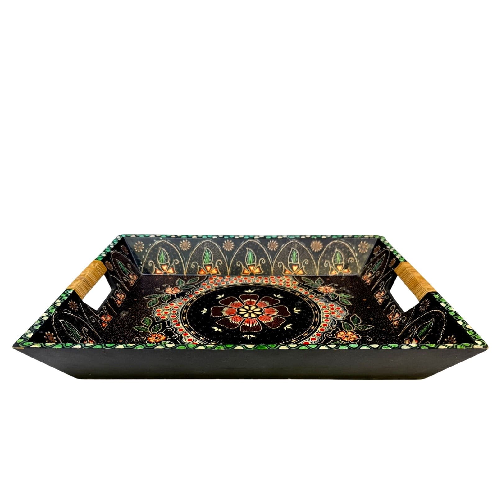 Vintage Pier 1 Imports Hand Painted Wood Serving Tray Folk Art Boho 17.75”