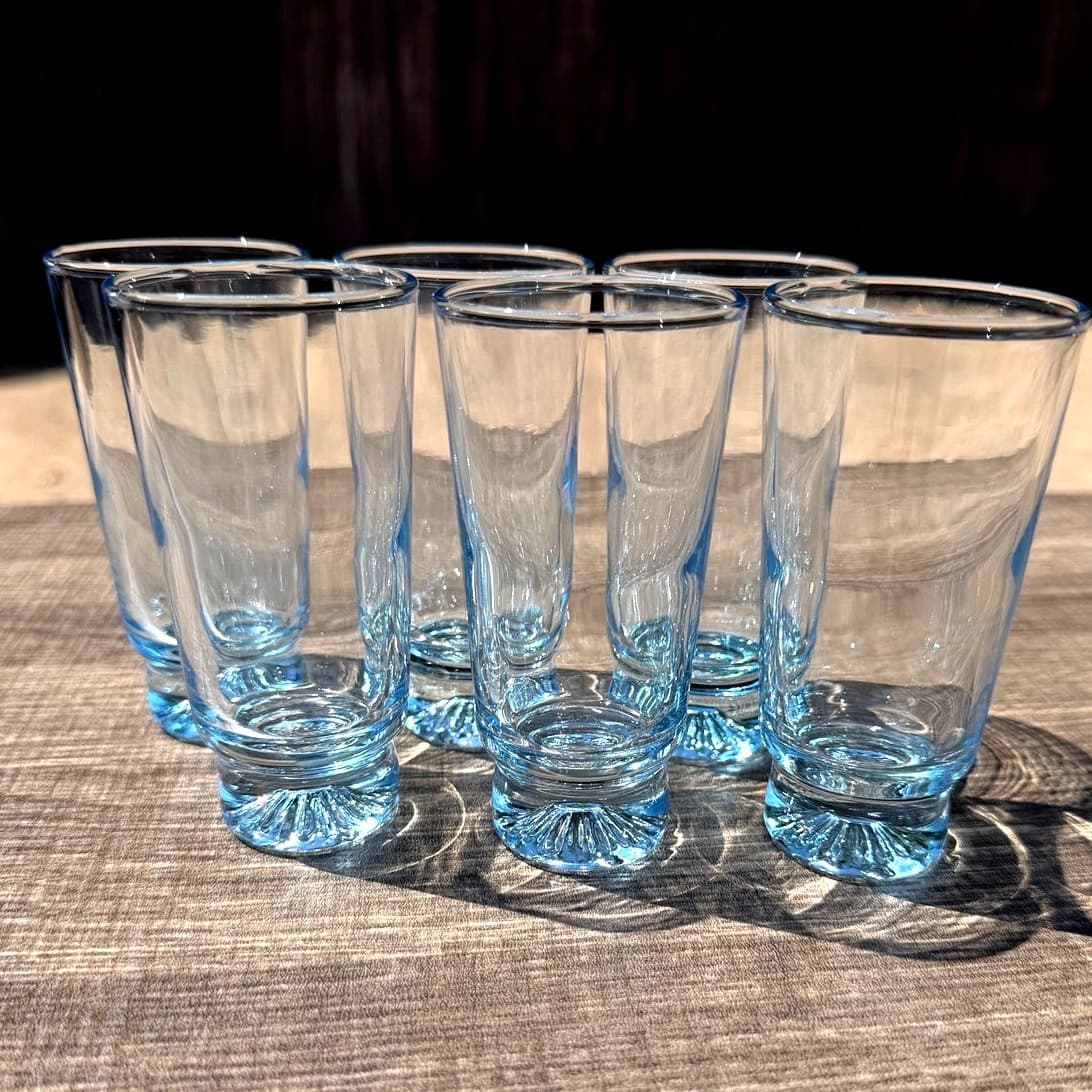 Vintage DUZ Starburst Sapphire Blue Juice Cordial Glasses MCM Clear Glass Set 6