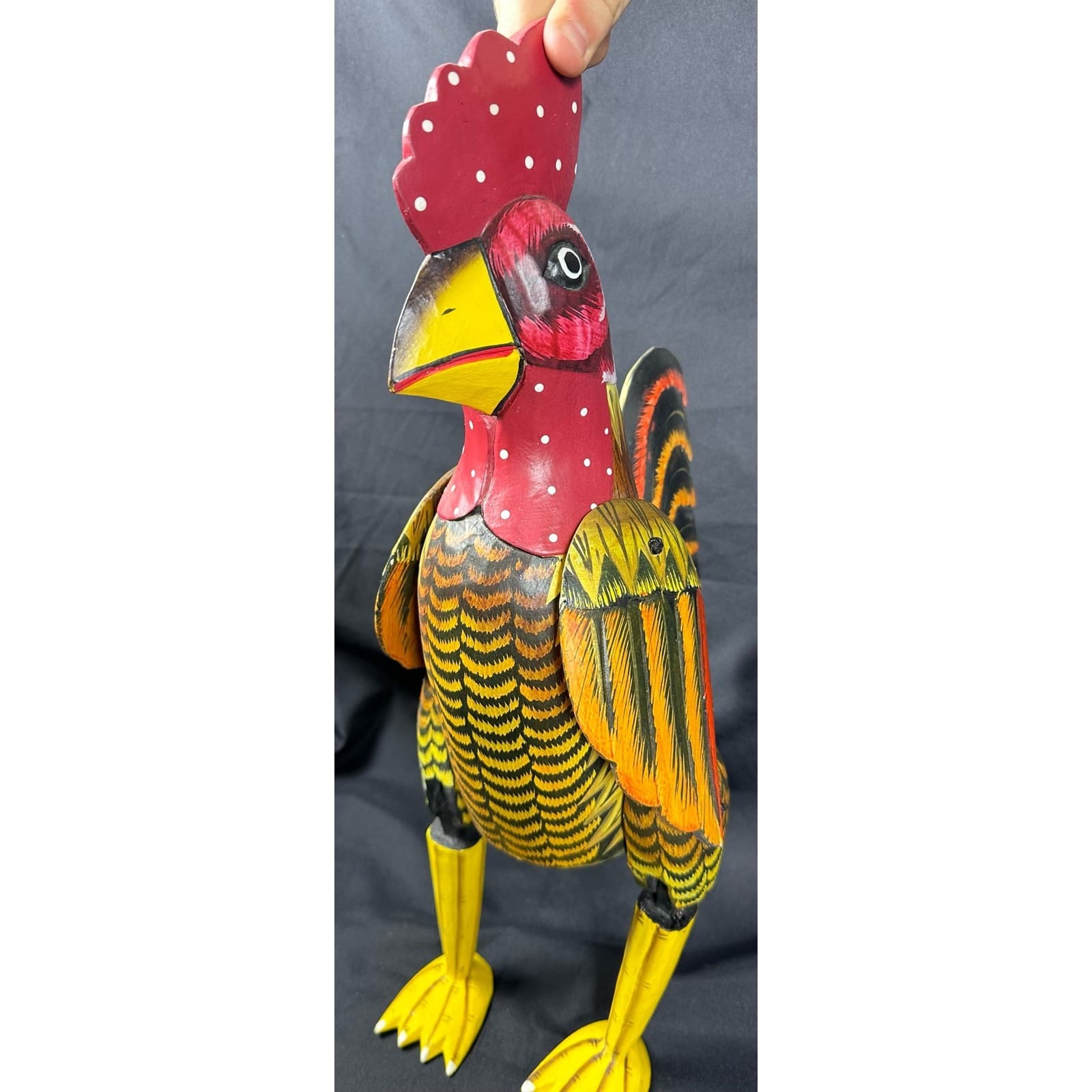 Carved Wood Folk Art Rustic Red & Yellow Painted Jointed Shelf Sitter Rooster - Thumbnail 10