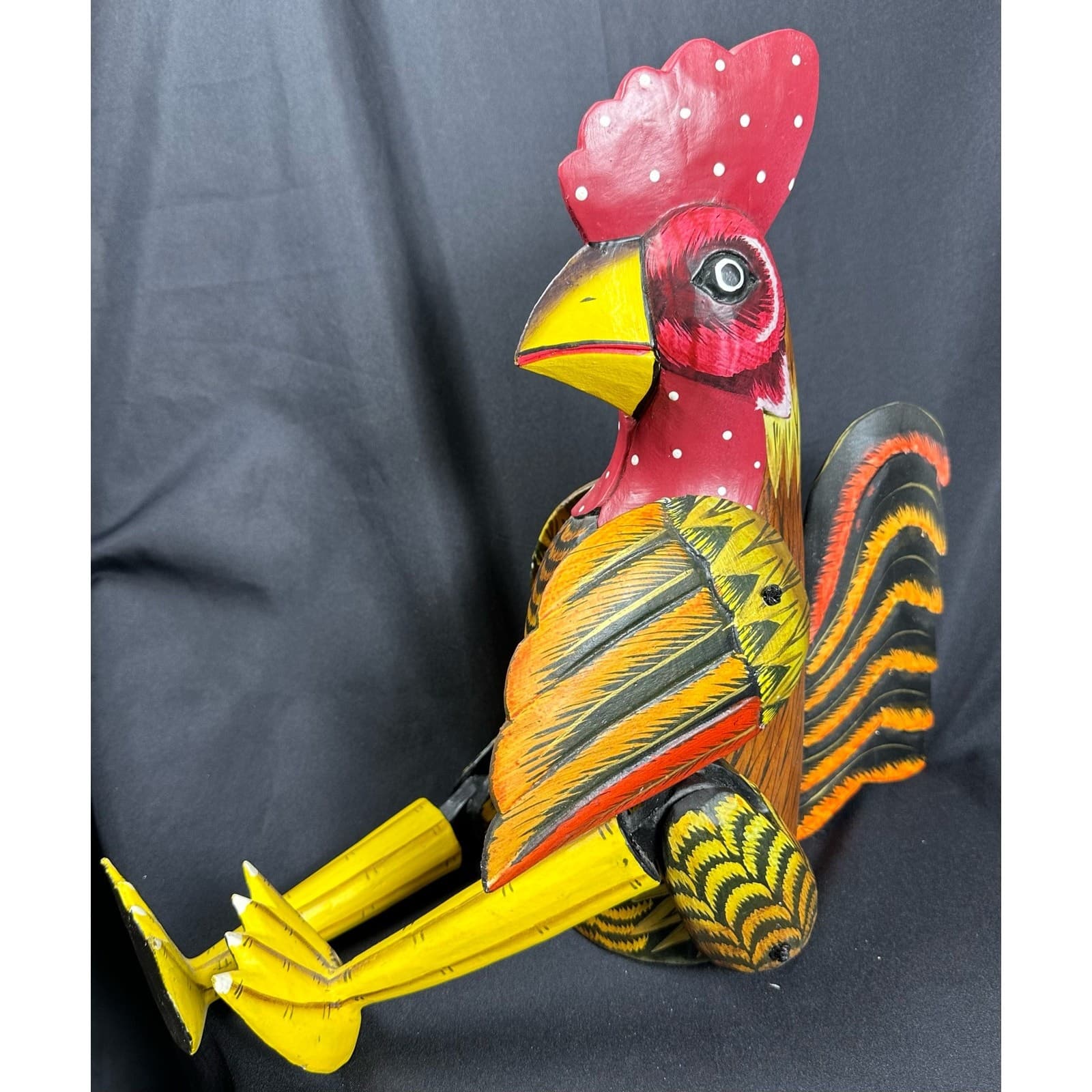 Carved Wood Folk Art Rustic Red & Yellow Painted Jointed Shelf Sitter Rooster - Thumbnail 9