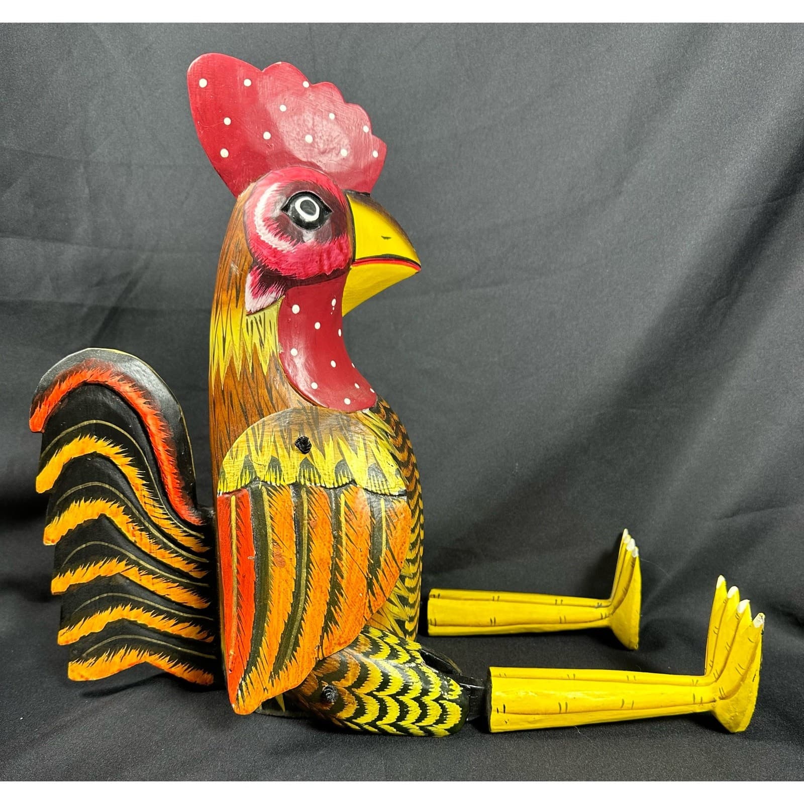 Carved Wood Folk Art Rustic Red & Yellow Painted Jointed Shelf Sitter Rooster - Thumbnail 2